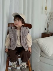 88208 - Set 3ct áo+quần+gile kẻ nâu nỉ lót nỉ tone nâu be cho bé trai size 90-130