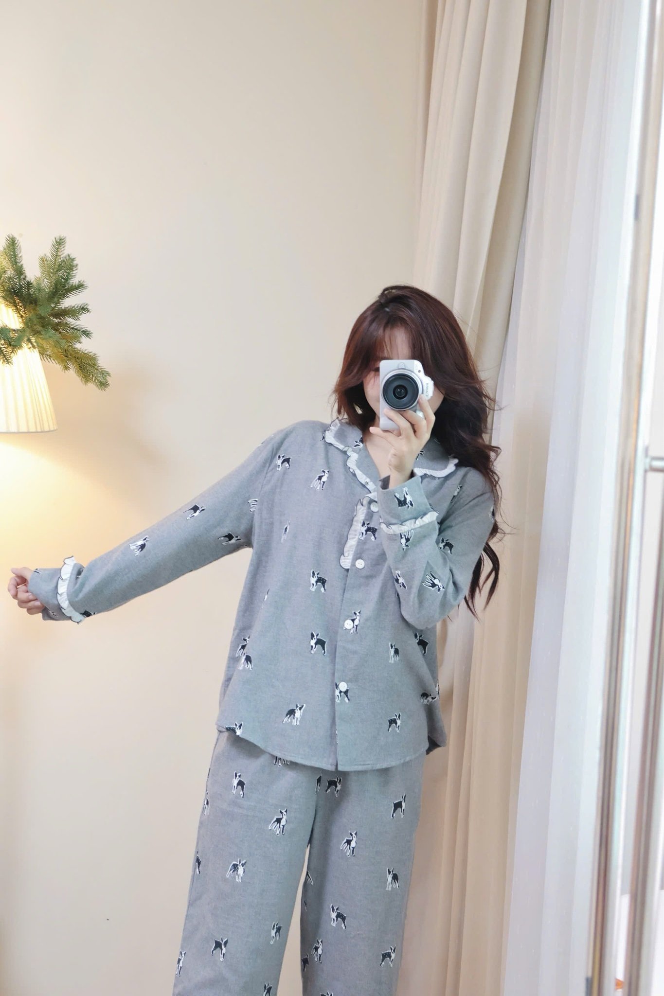 Bộ Pyjama Beemon vải cà bông mềm màu ghi hình cún cho Mẹ freesize 50-65kg