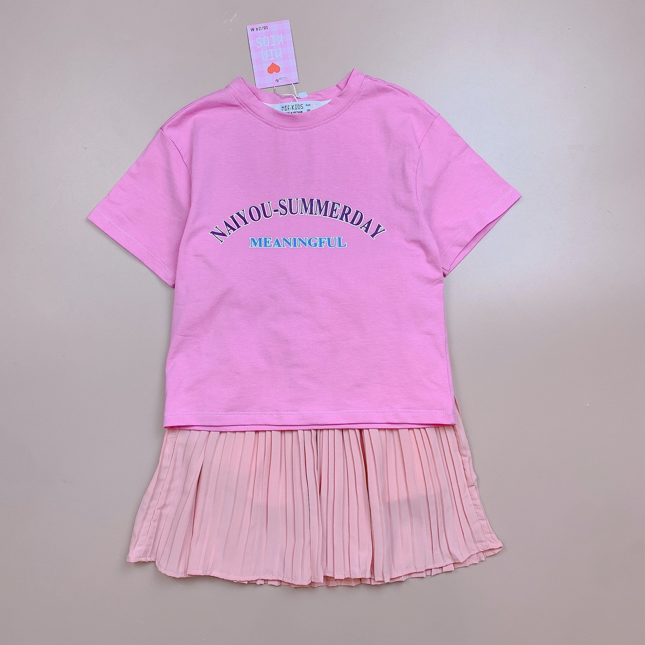 Bộ Mia Kids áo cotton hồng mix chân váy xếp ly 2-12y