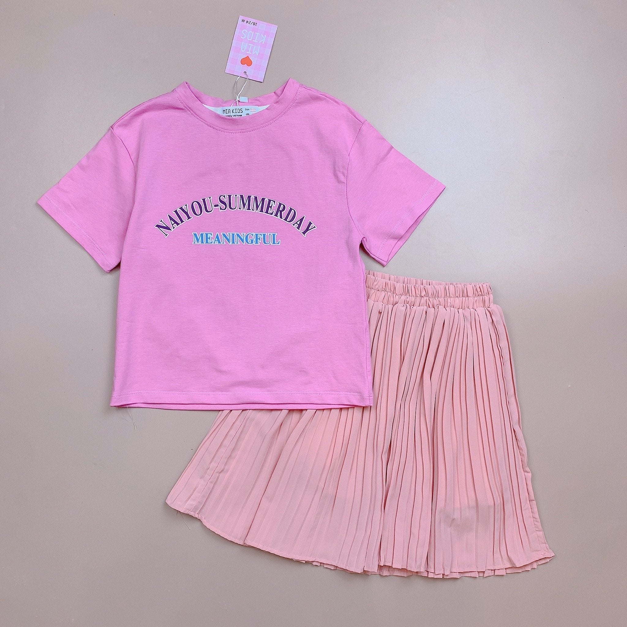 Bộ Mia Kids áo cotton hồng mix chân váy xếp ly 2-12y