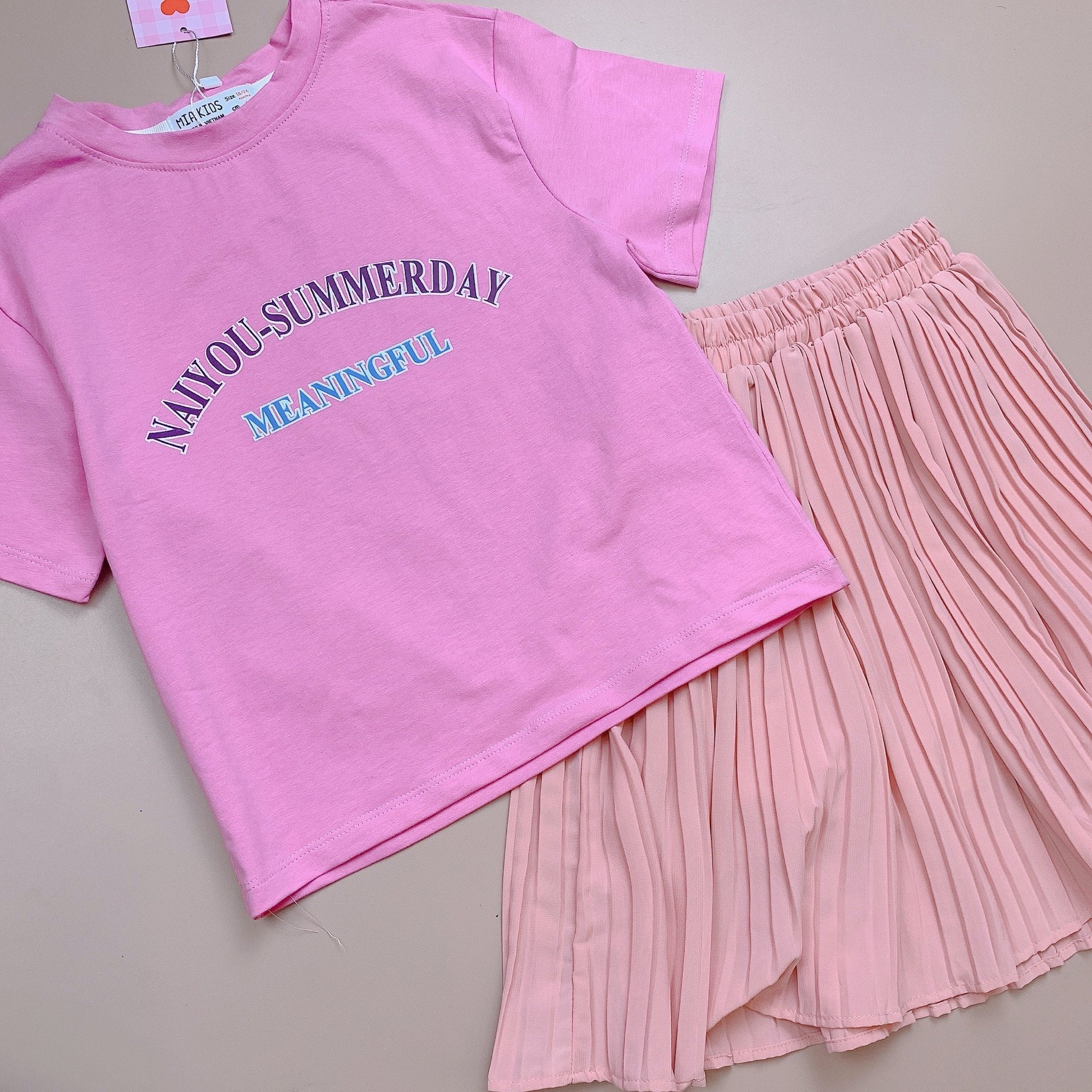 Bộ Mia Kids áo cotton hồng mix chân váy xếp ly 2-12y