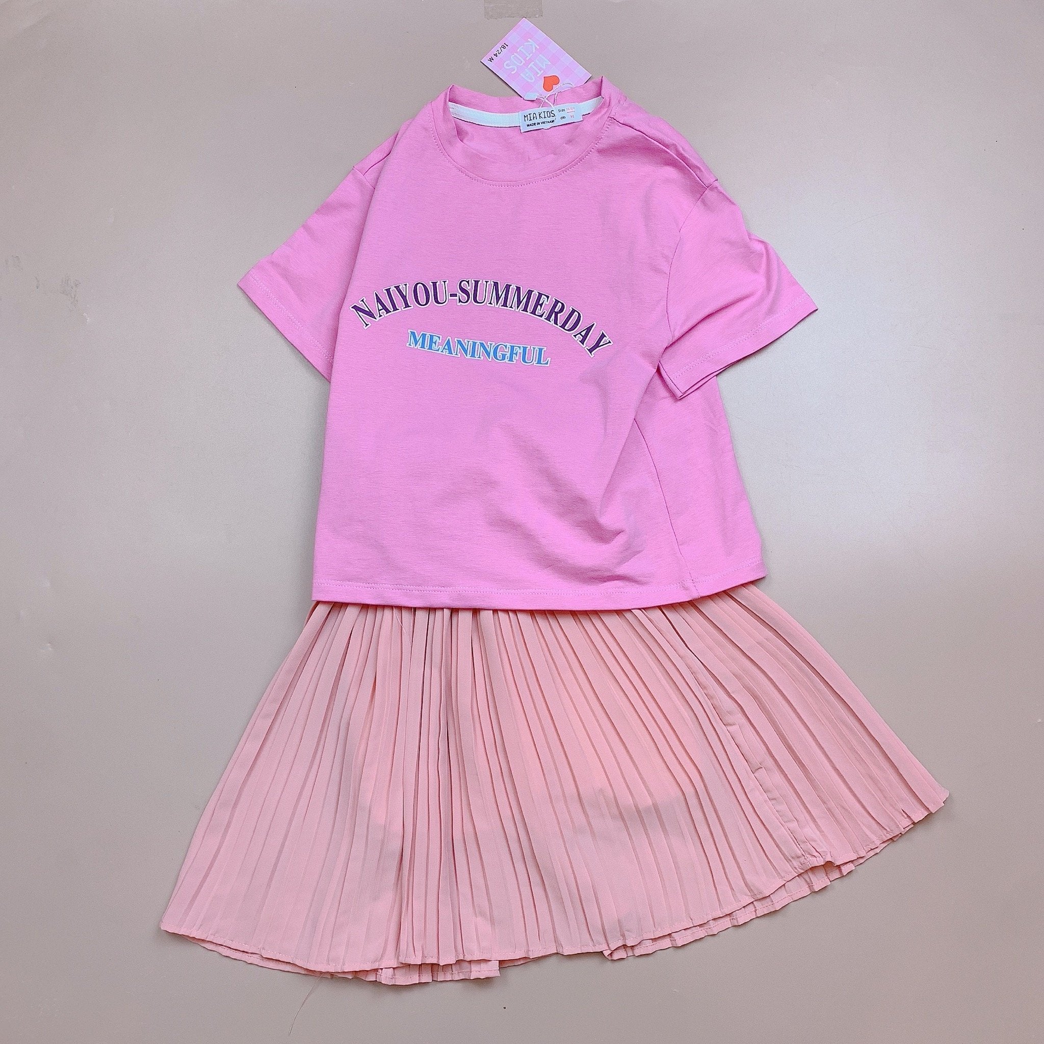 Bộ Mia Kids áo cotton hồng mix chân váy xếp ly 2-12y