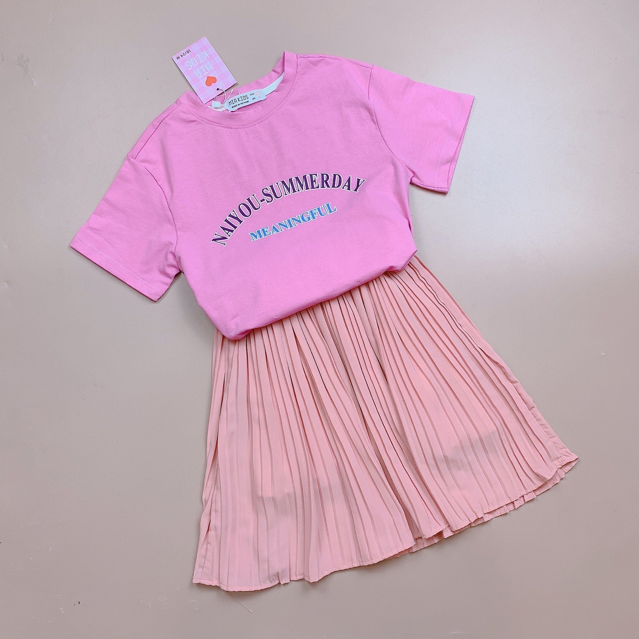 Bộ Mia Kids áo cotton hồng mix chân váy xếp ly 2-12y