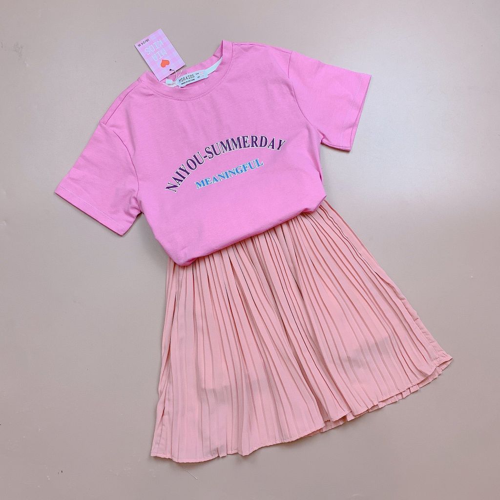 Bộ Mia Kids áo cotton hồng mix chân váy xếp ly 2-12y