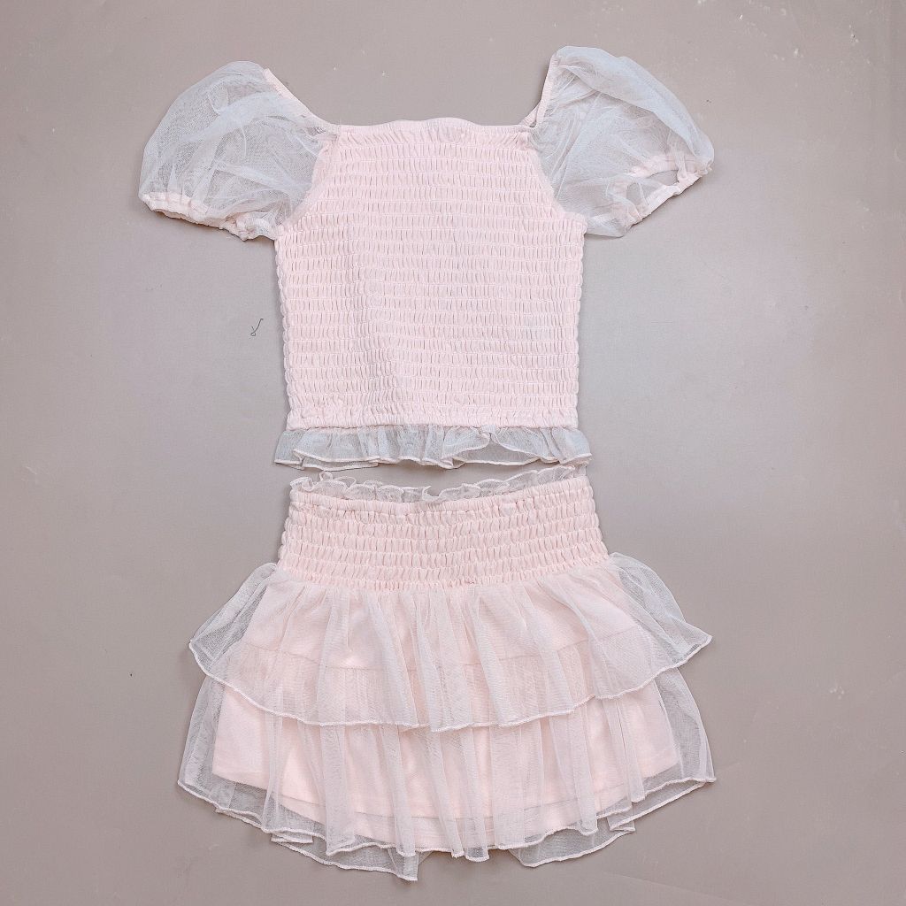 V00076 - Set áo + chân váy hồng tay bồng BG size 6-18y