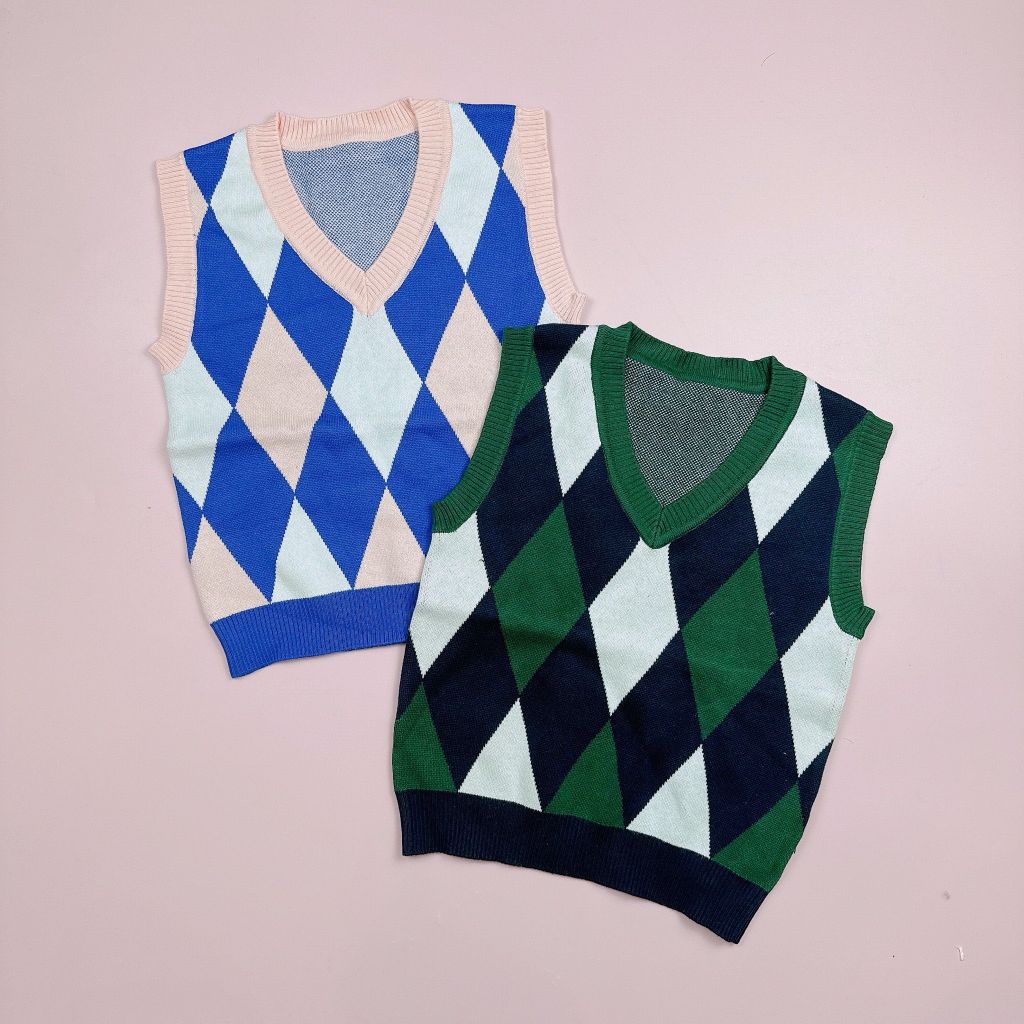 Áo gile len Spao cổ tim họa tiết trám 2 màu size 110 - 160