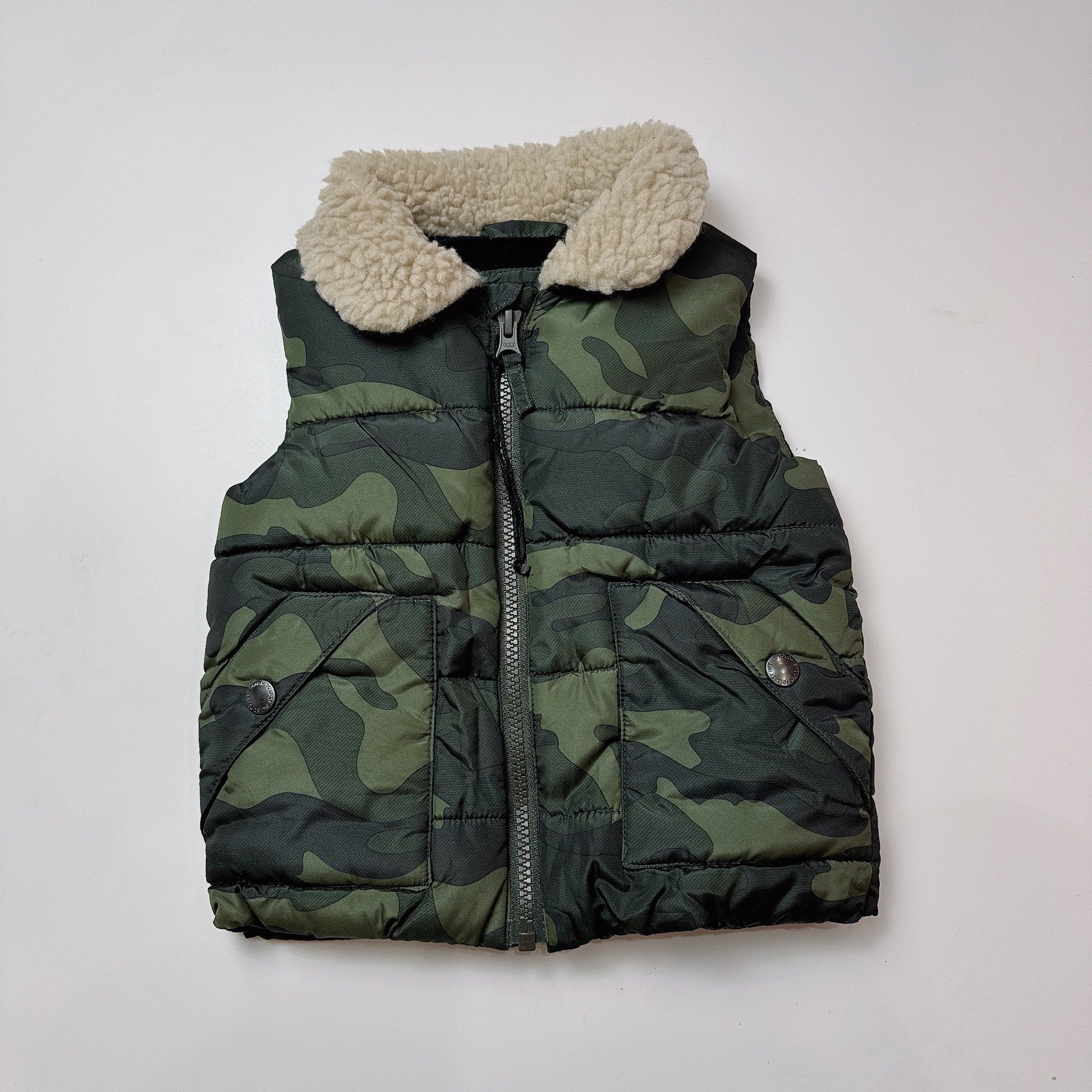 Áo khoác gile phao N.E.X.T zanzi rêu phối cổ lông cừu size 6m - 2y