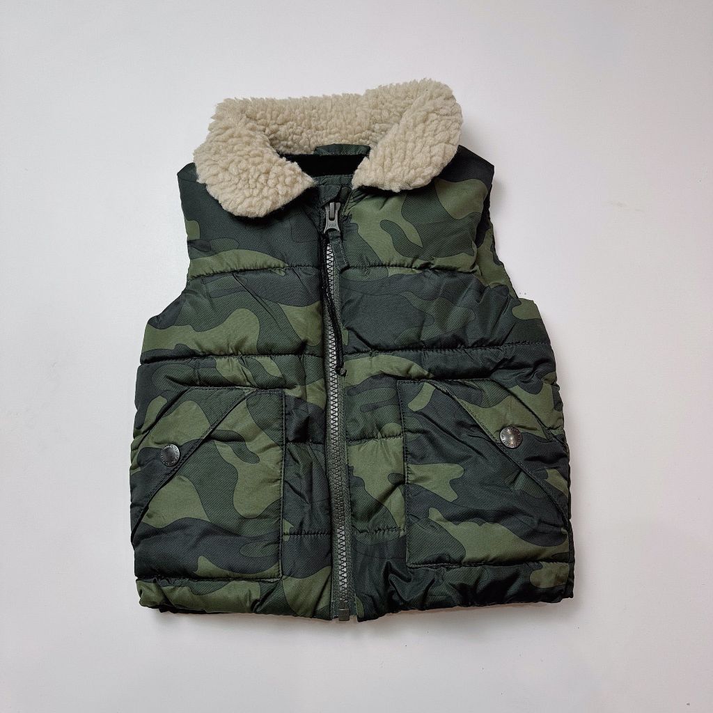 Áo khoác gile phao N.E.X.T zanzi rêu phối cổ lông cừu size 6m - 2y