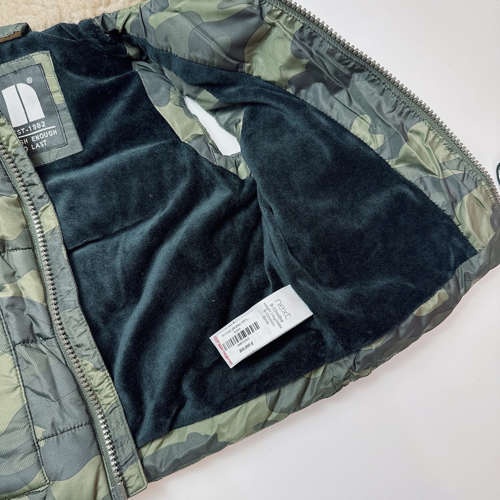 Áo khoác gile phao N.E.X.T zanzi rêu phối cổ lông cừu size 6m - 2y