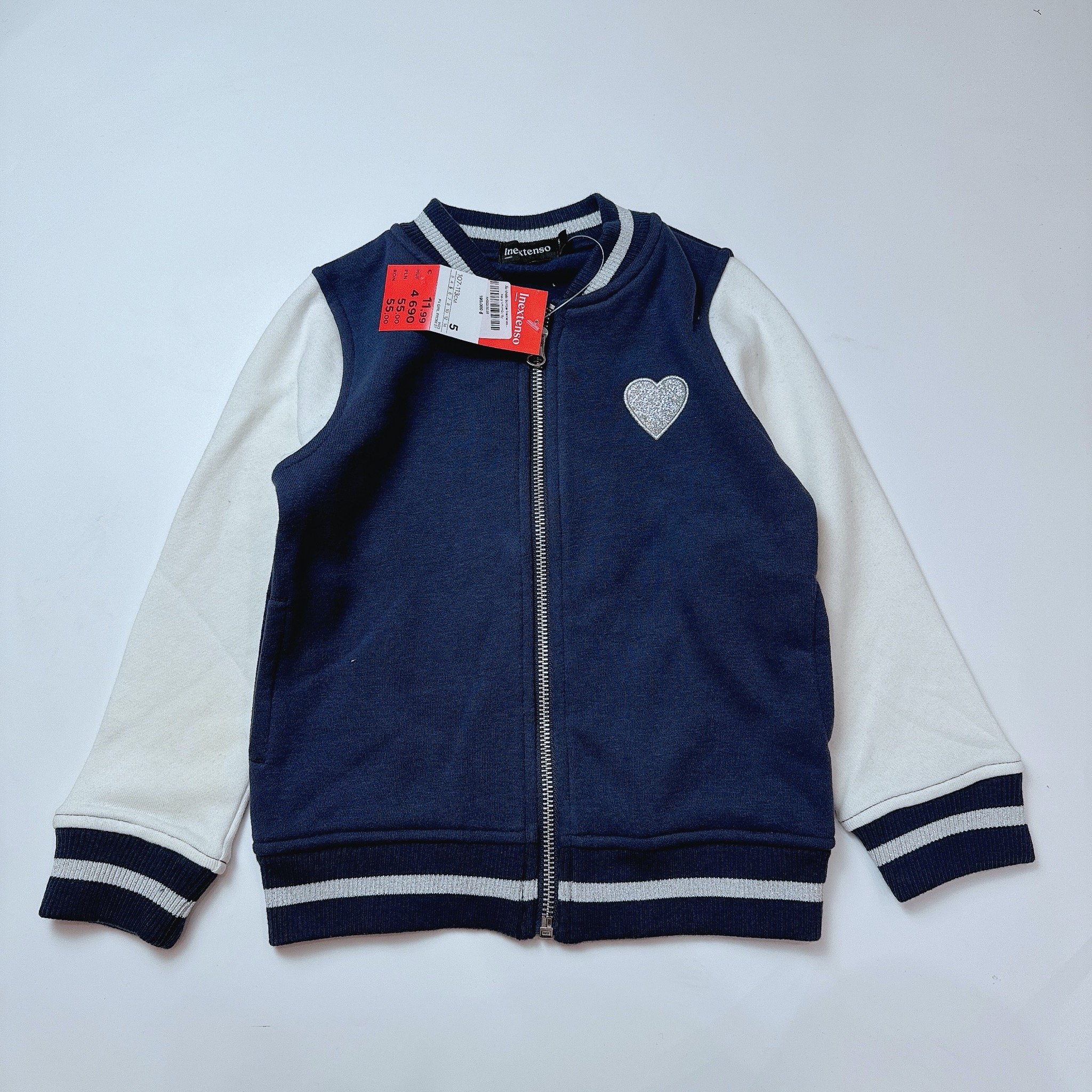 Áo khoác bomber Inextenso màu navy phối tay trắng tim nhũ size 3 - 14y