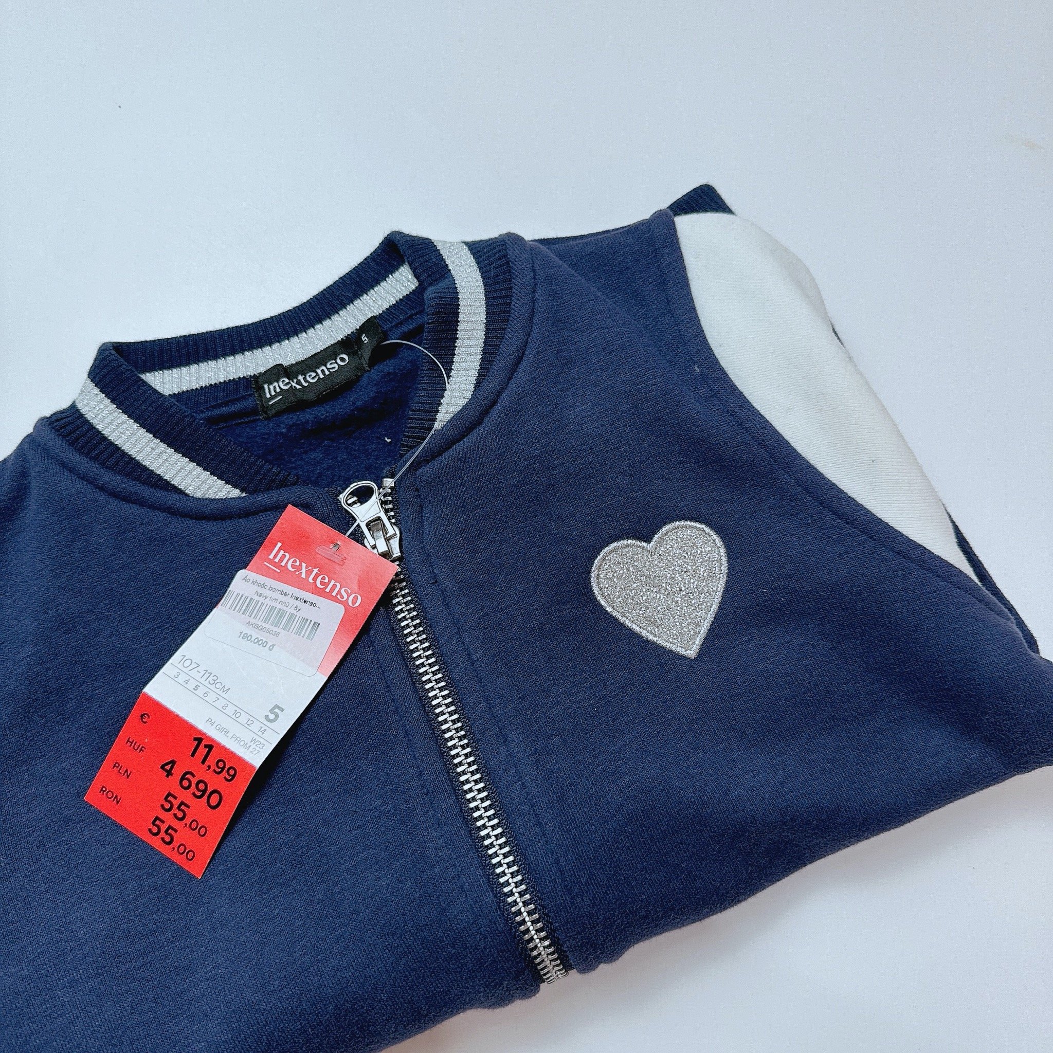 Áo khoác bomber Inextenso màu navy phối tay trắng tim nhũ size 3 - 14y