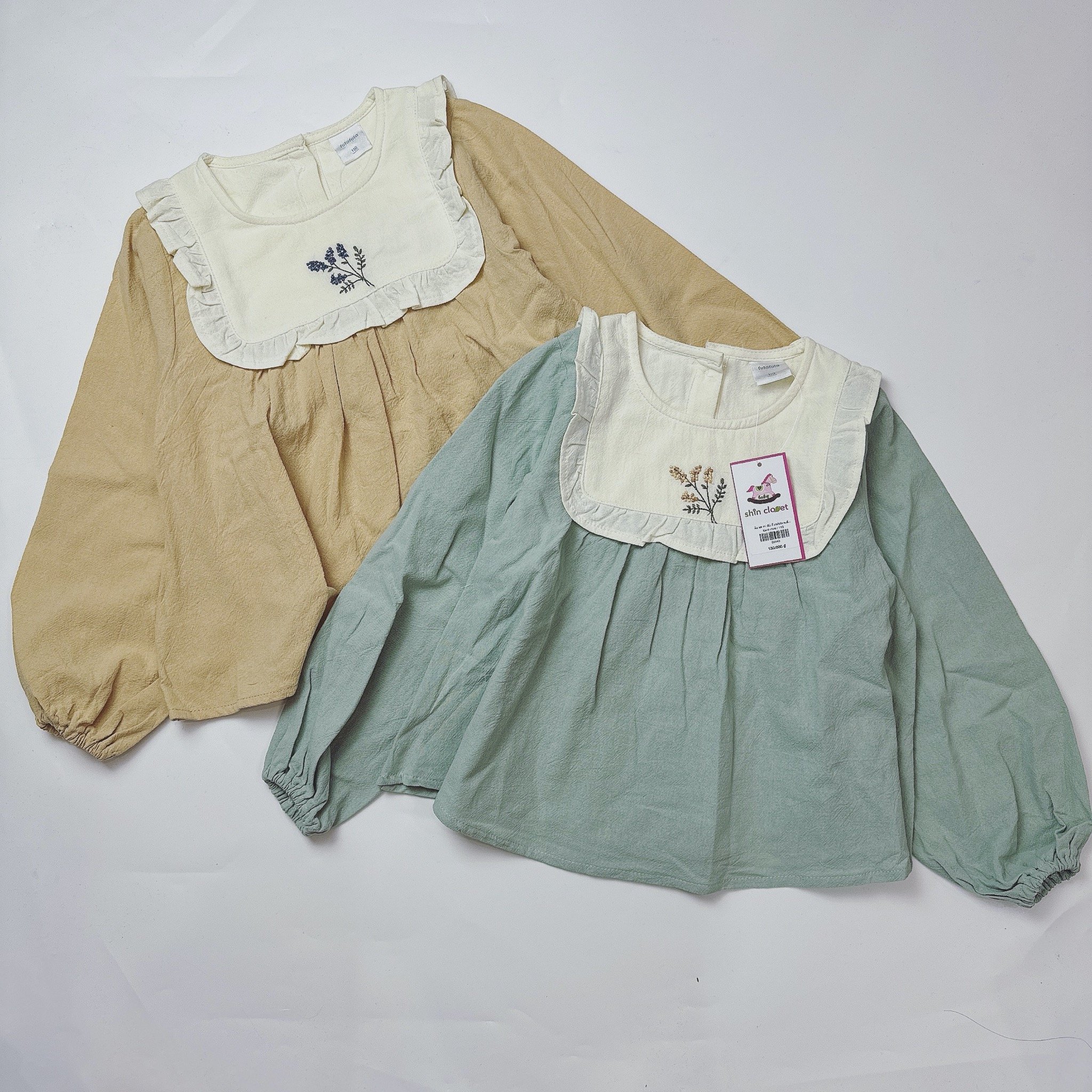 Áo sơ mi đũi Futafuta xuất Nhật 2 màu xanh/be bé gái size 90-120