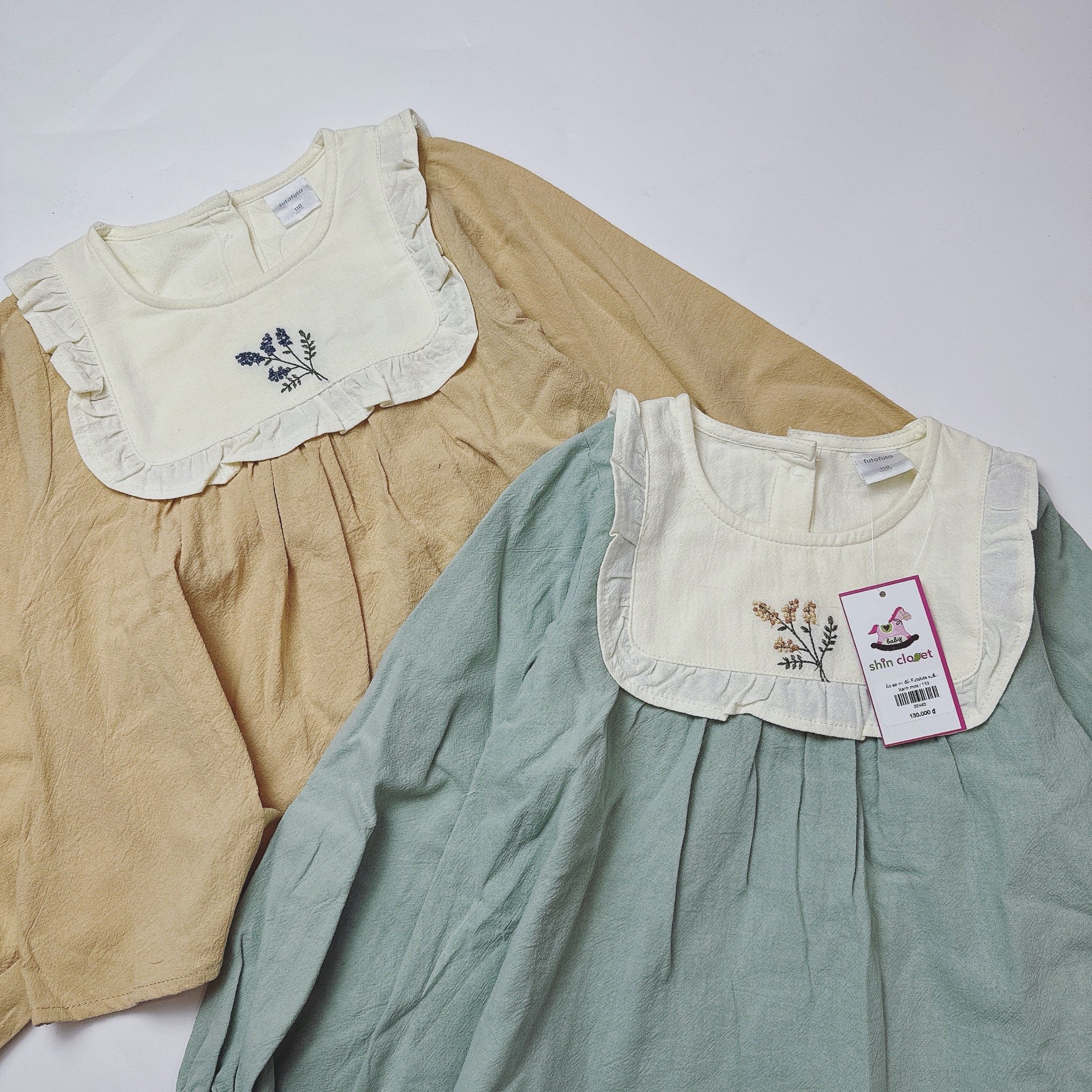 Áo sơ mi đũi Futafuta xuất Nhật 2 màu xanh/be bé gái size 90-120