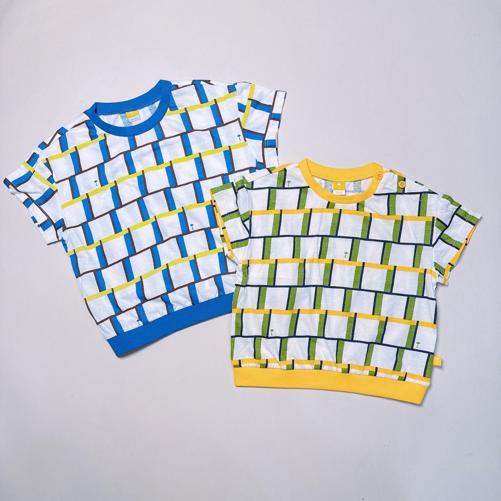 Áo thun cotton Moimoln xuất Hàn dư xịn 2 màu hoạ tiết vàng, xanh cho bé size 90-130