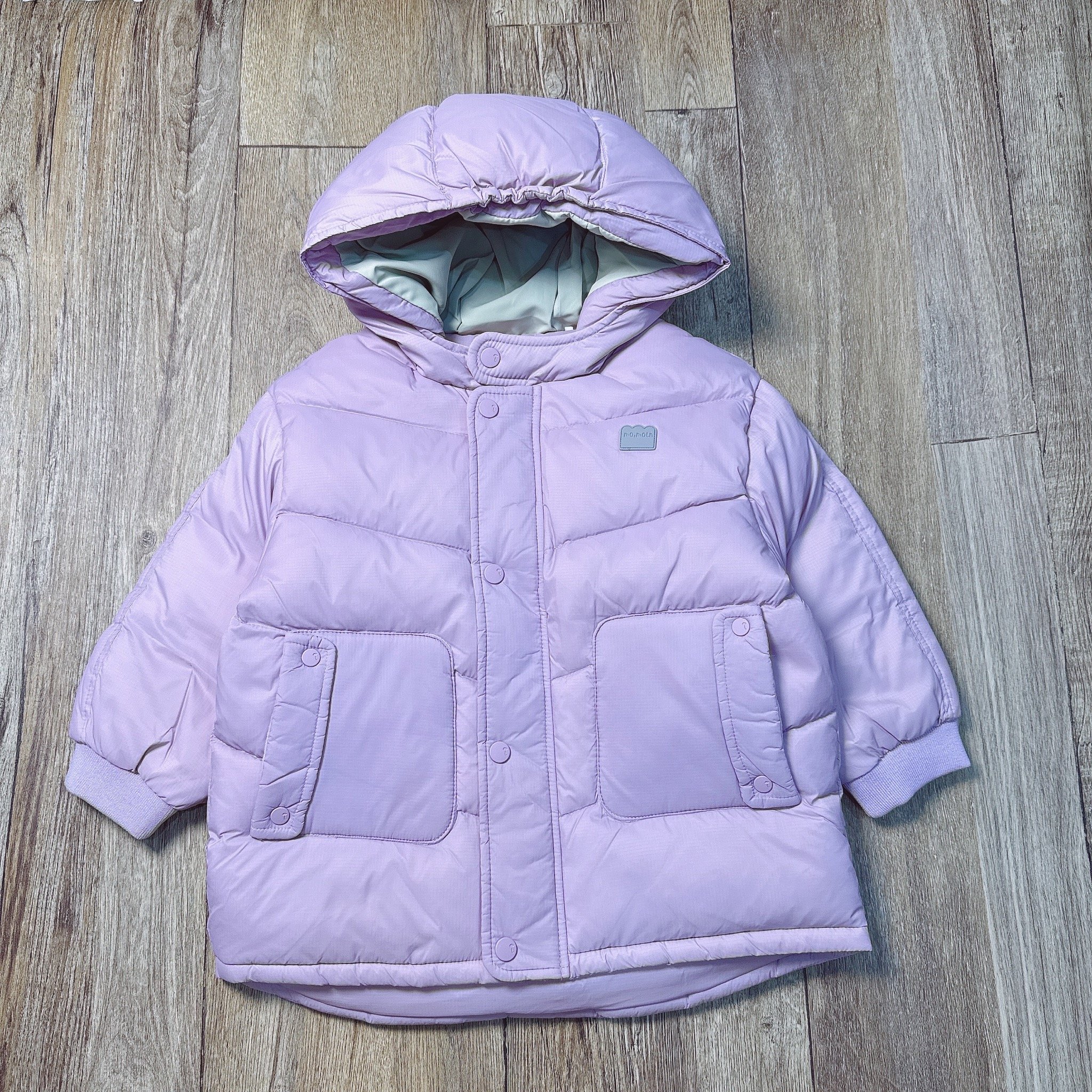 Áo khoác lông vũ Moimoln 2 màu tím, rêu dáng dài cho bé size 90-120