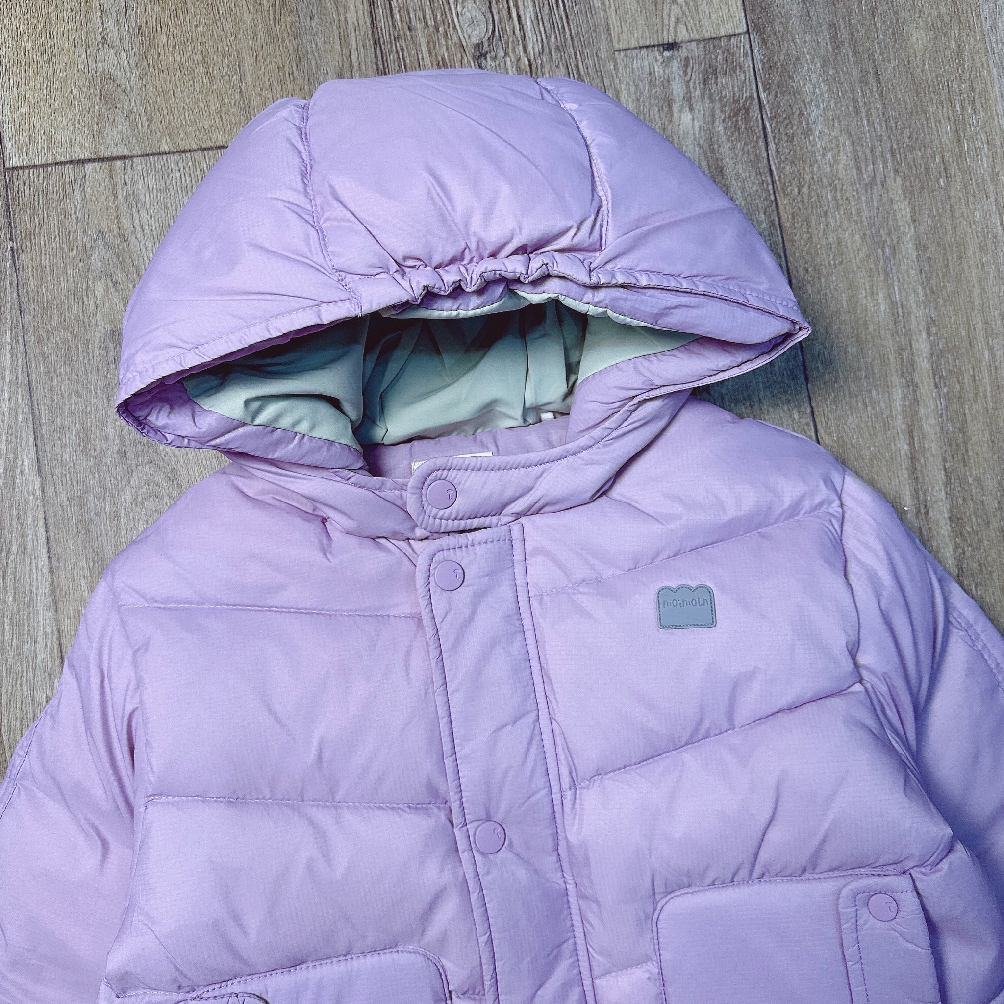 Áo khoác lông vũ Moimoln 2 màu tím, rêu dáng dài cho bé size 90-120