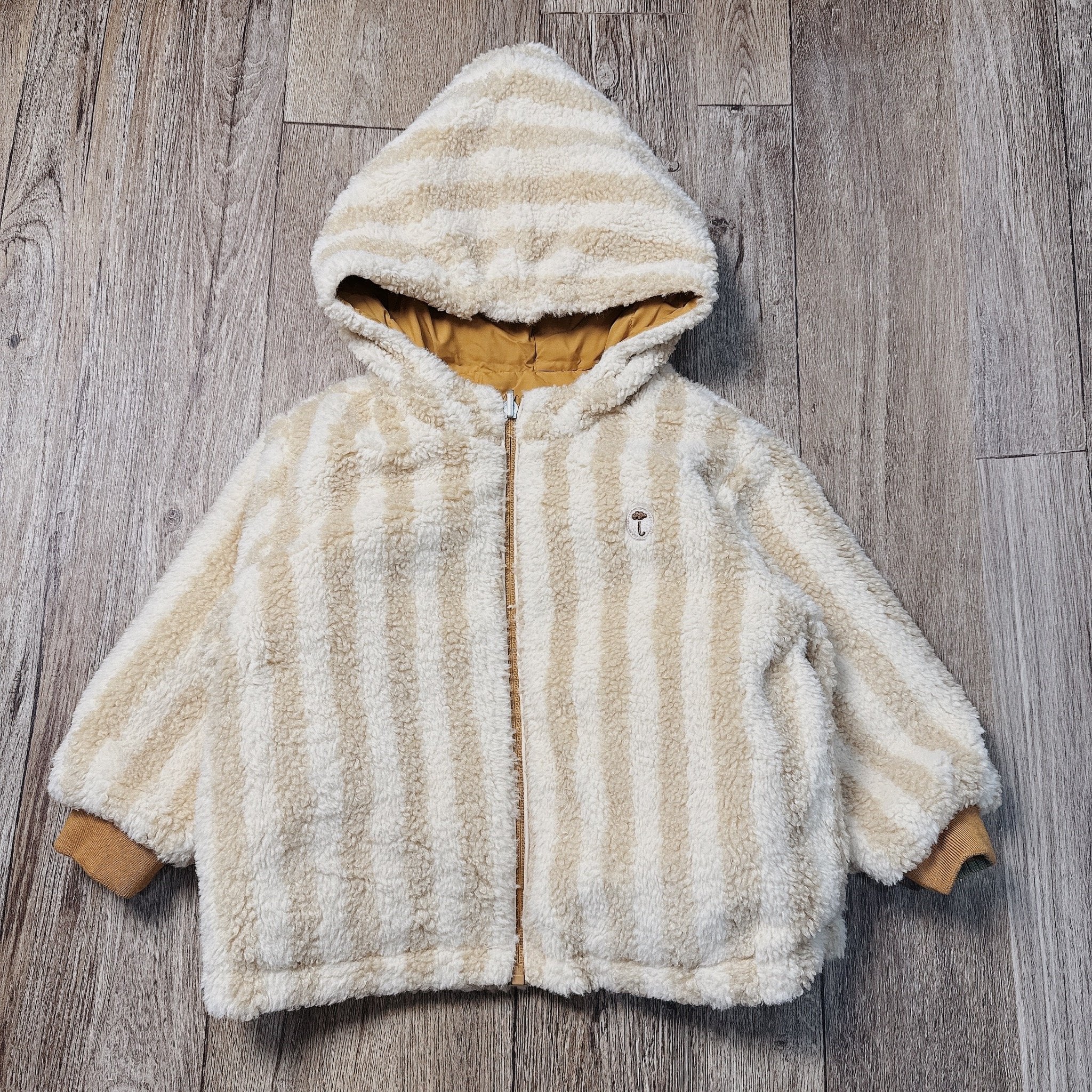 Áo khoác lông vũ Moimoln 2 mặt màu cam nâu phối lông kẻ cho bé size 90-120