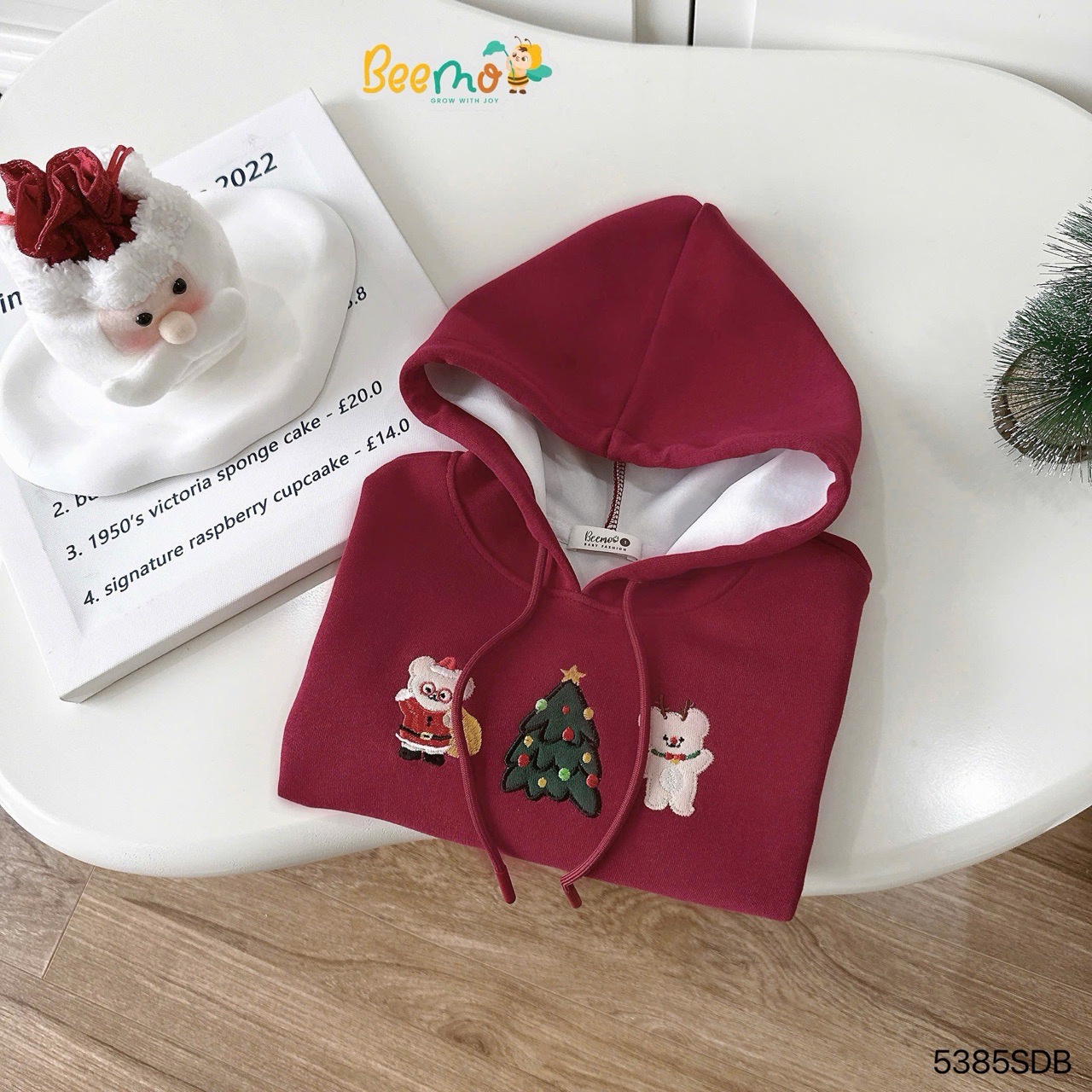 Áo nỉ Beemo hoodie hai da màu đỏ noel cho bé size 1-10y