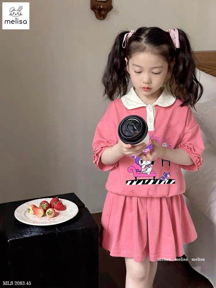 Bộ Melisa Kuromi áo Polo hồng cam cổ trắng + chân váy BG size 2-12y