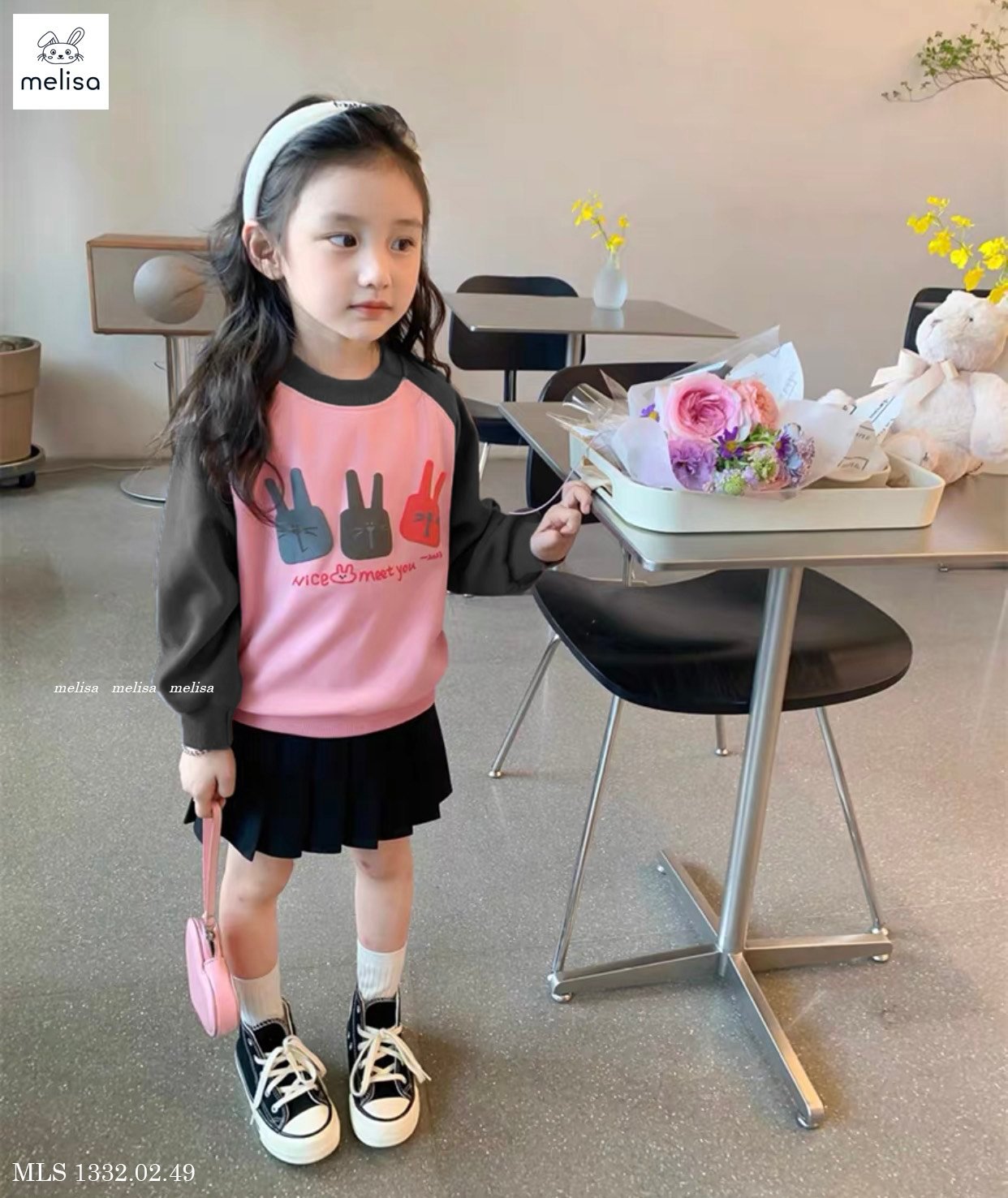 Set nỉ Melisa hình thỏ Nice Meet You - chân váy xếp li 2 màu size 2 - 12y