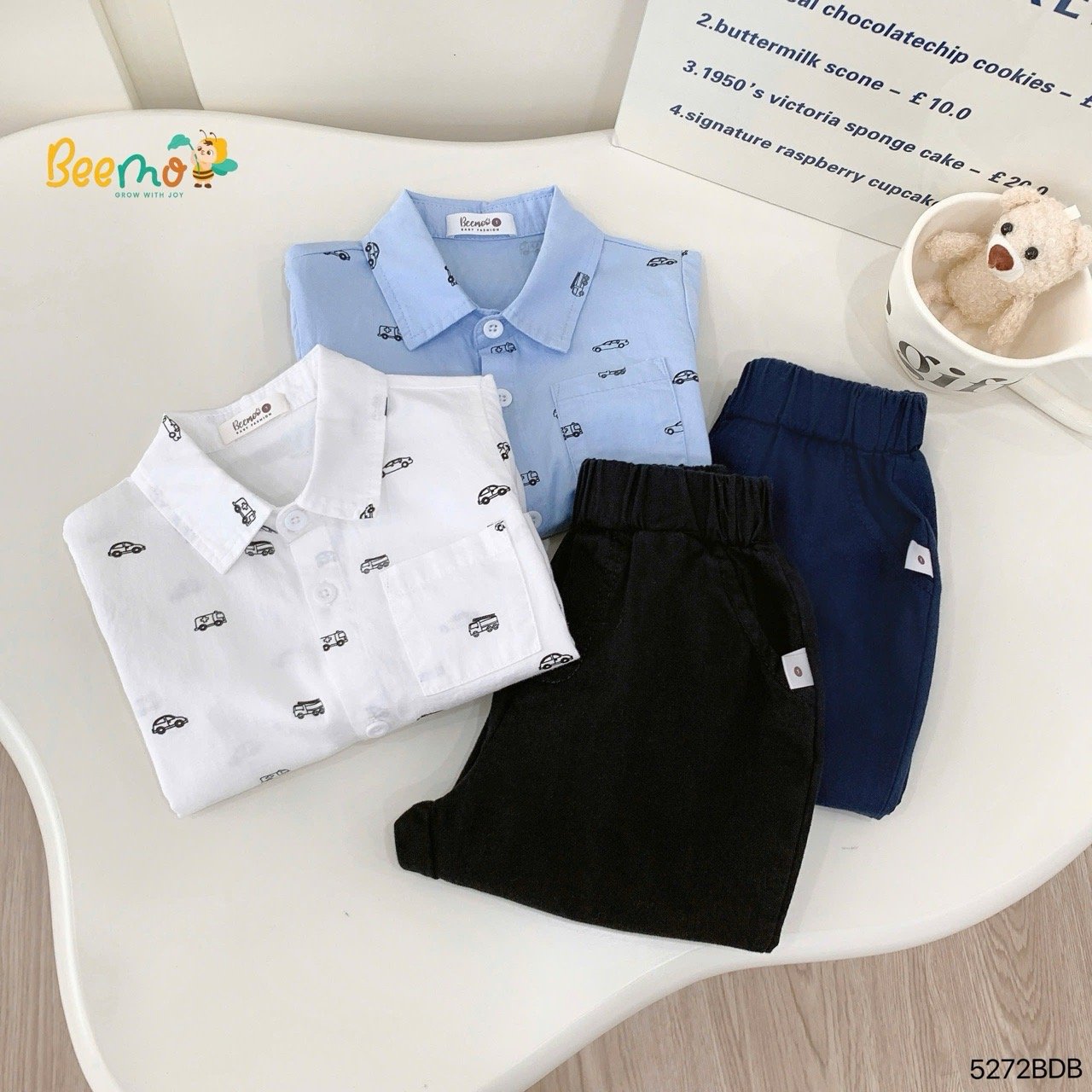 Bộ Beemo áo sơ mi ô tô in tràn + quần kaki bé trai 2 màu trắng/đen size 1-6y