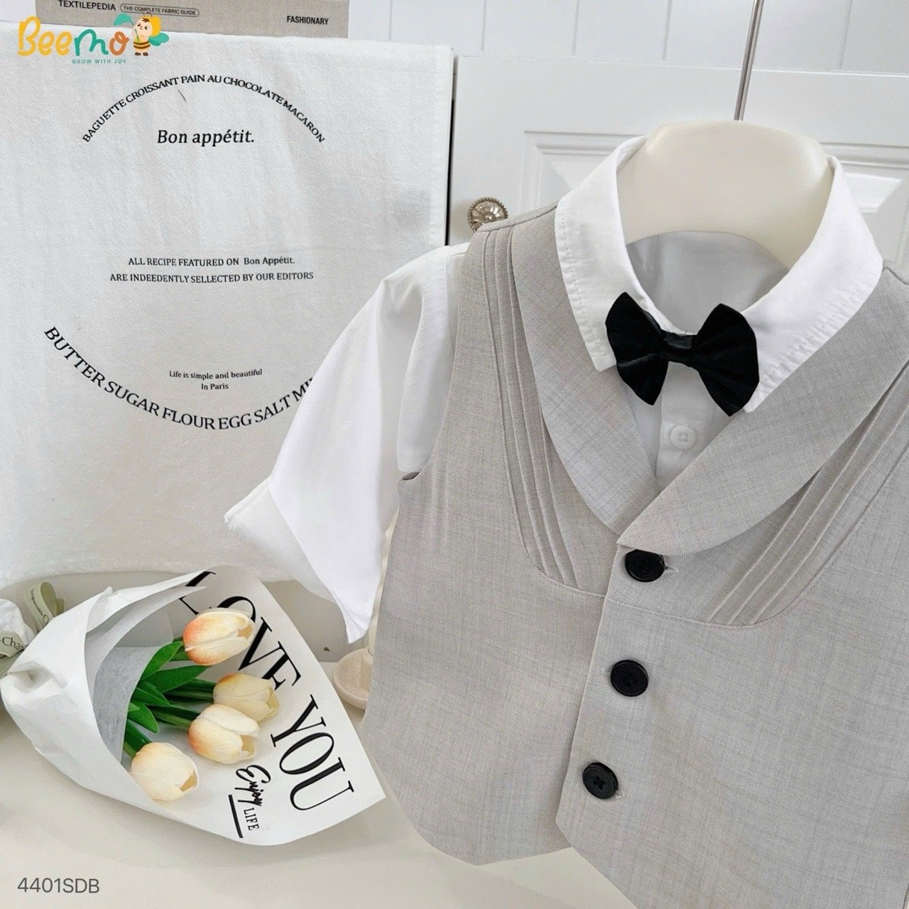 Bộ gile vest 4ct Beemo mặc sự kiện màu be cho bé trai size 80-130