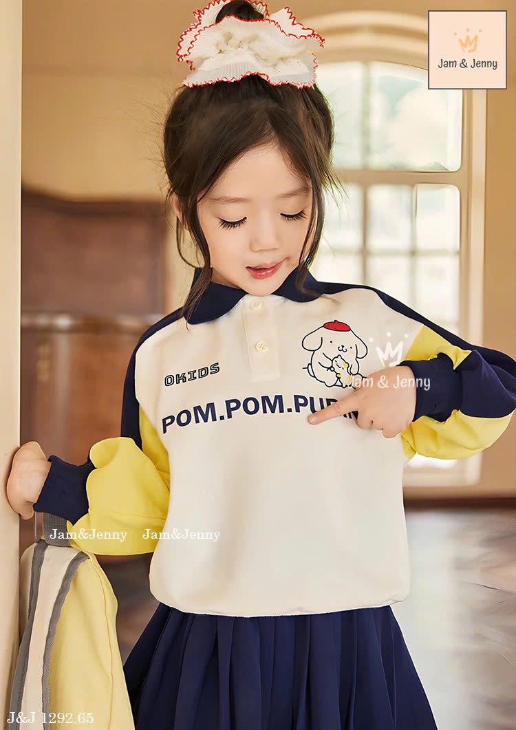 JJ 1292 - Bộ Jam & Jenny áo polo phối tay in chữ Pompompurin + chân váy size 2-12y