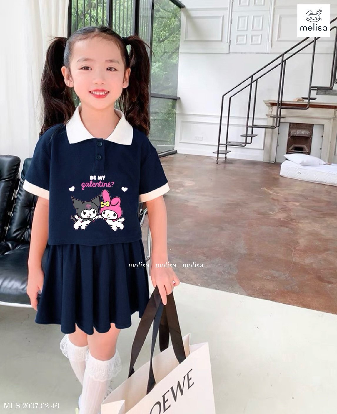 Set bộ Melisa áo polo croptop Kuromi - chân váy liền quần size 2-12y