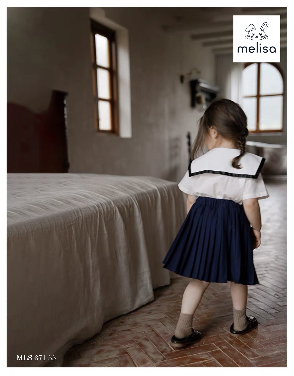 Set thô Melisa áo trắng kèm cavat - chân váy liền quần màu navy size 2 - 11y