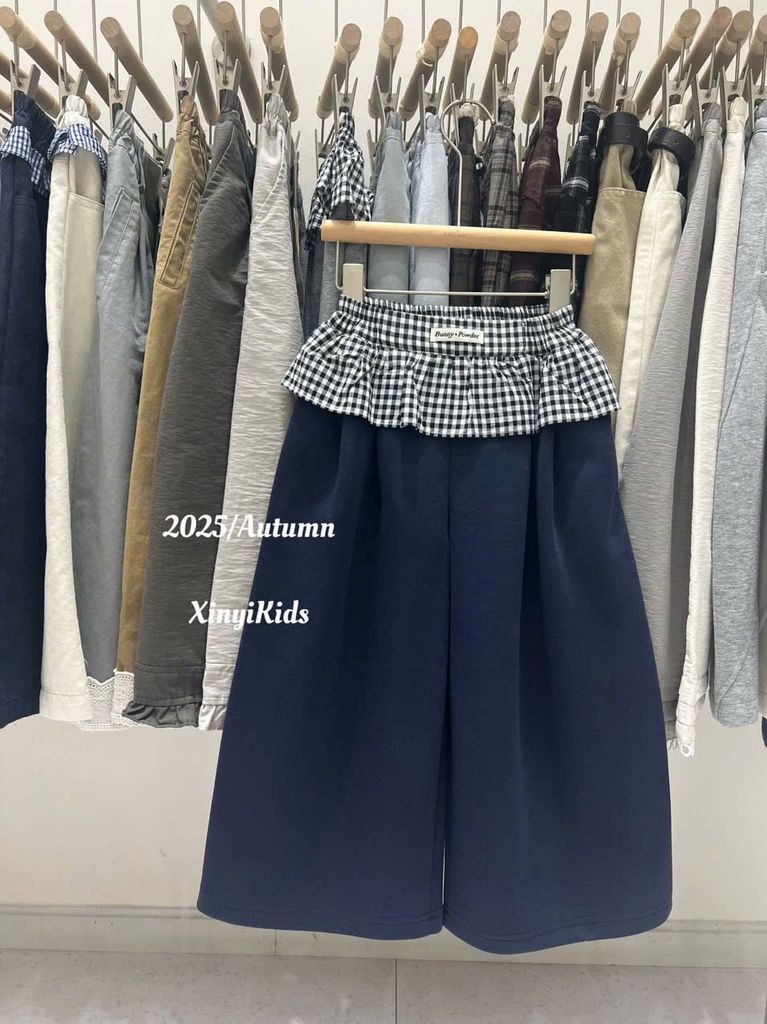 XY886035 - Quần ống suông thun cạp kẻ caro 2 màu ghi/navy bé gái size 110-150