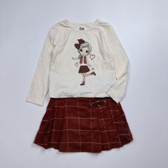 Set bộ C & A áo cotton hình bé gái - chân váy dạ caro đỏ size 98 / 116