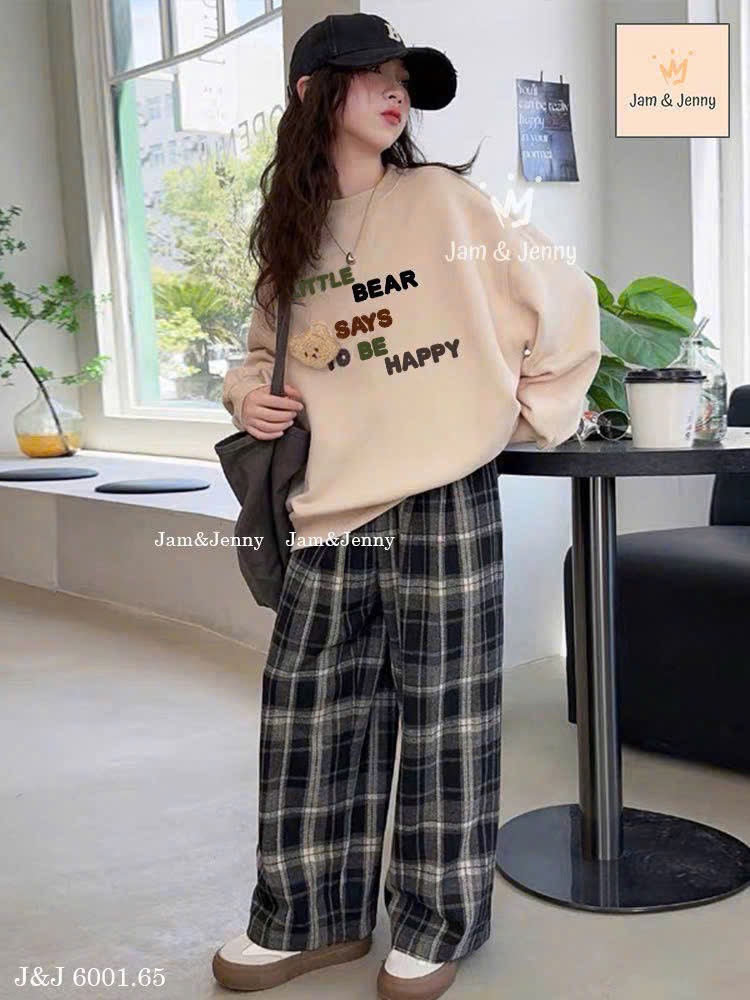 JJ 6001 - Bộ nỉ Jam & Jenny / Chohee màu nâu vintage + quần caro bé gái size 2-12y