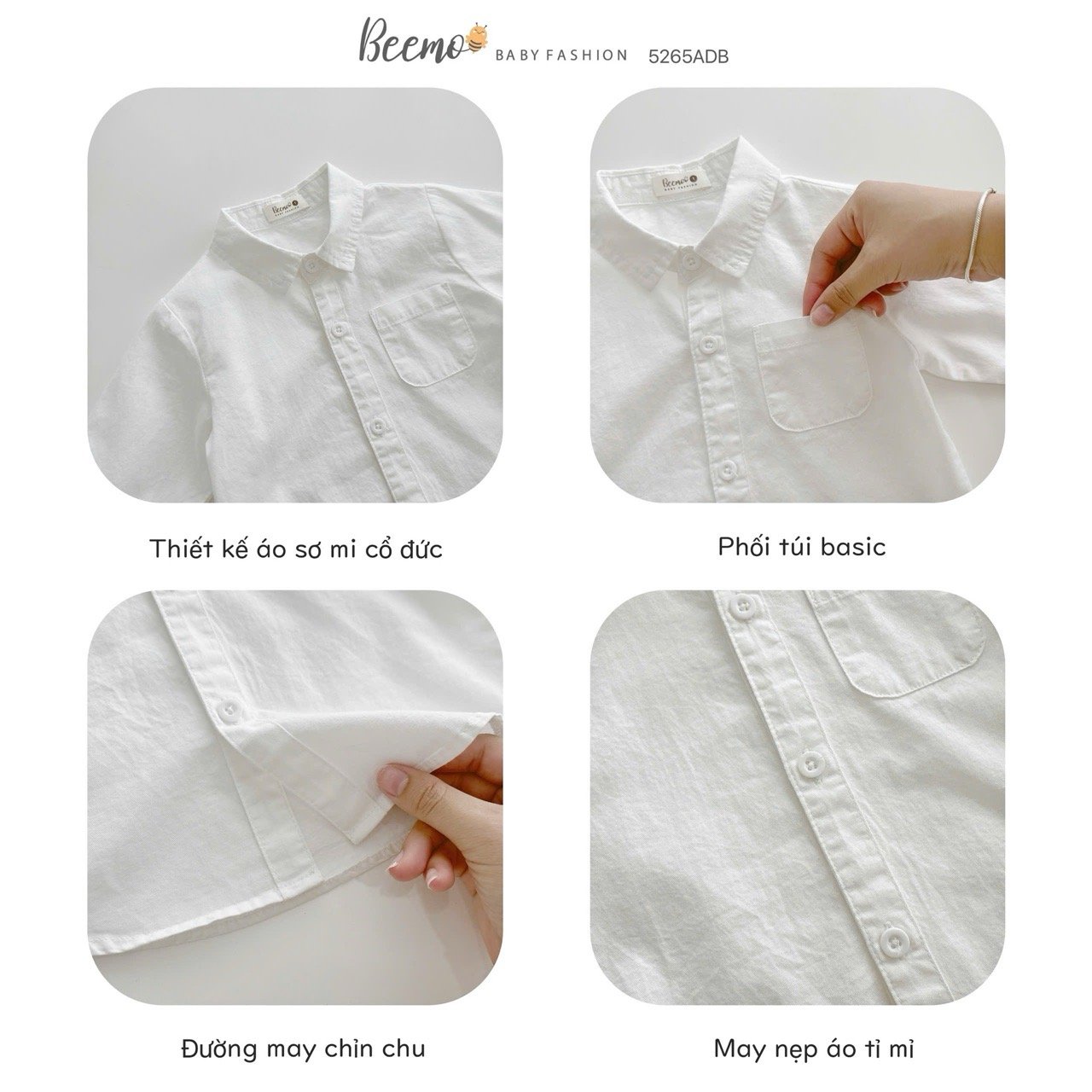 Áo sơ mi Beemo cổ đức màu trắng cho bé trai size 1-6y