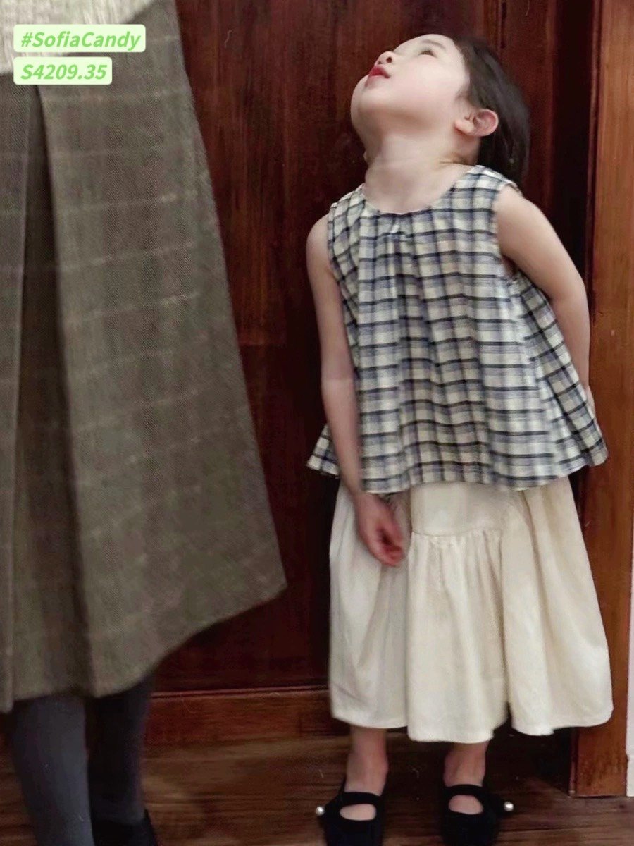 S4209 - Set bộ tiểu thư Sofia Candy áo kẻ sát nách phối chân váy trắng size 1-10y