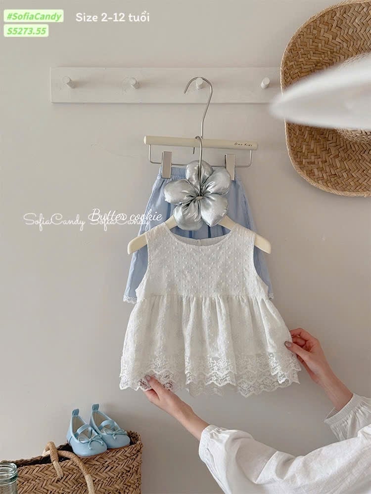 S5273 - Set bộ Sofia Candy áo trắng + quần xanh bé gái size 2-12y