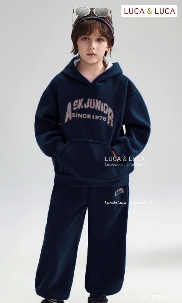Lu 1701 - Bộ nỉ Luca hoodie nỉ hai da màu navy ASK Junior bé trai size 2-12y