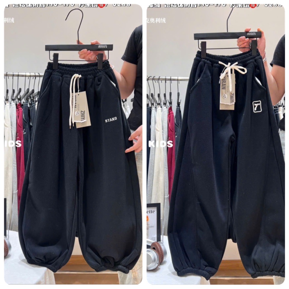 Quần nỉ lót nỉ đại hàn Yiranzhiyi bo gấu 2 màu ghi/đen cho bé size 130-170