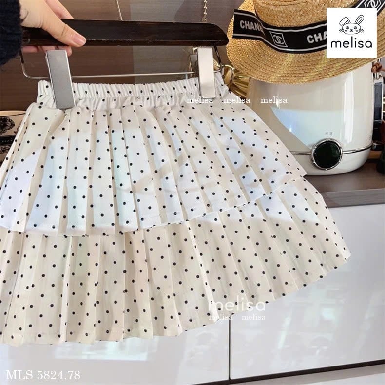 MLS 5824 - Bộ nỉ Melisa áo ghi nơ + chân váy xếp ly chấm bi bé gái size 2-12y