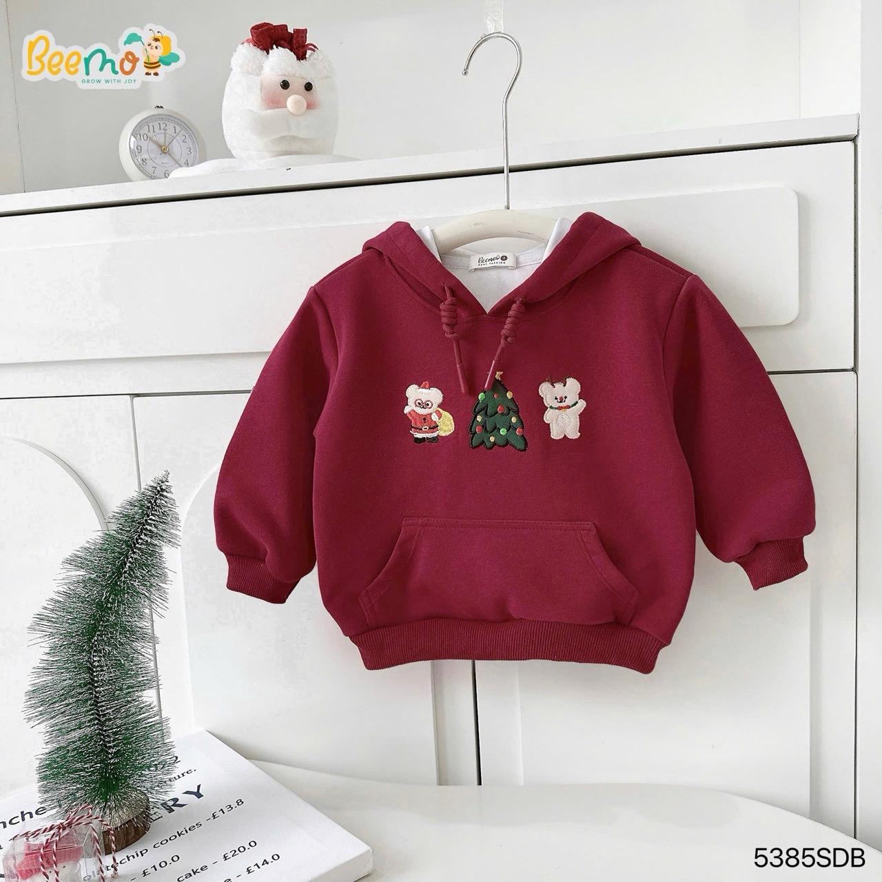 Áo nỉ Beemo hoodie hai da màu đỏ noel cho bé size 1-10y