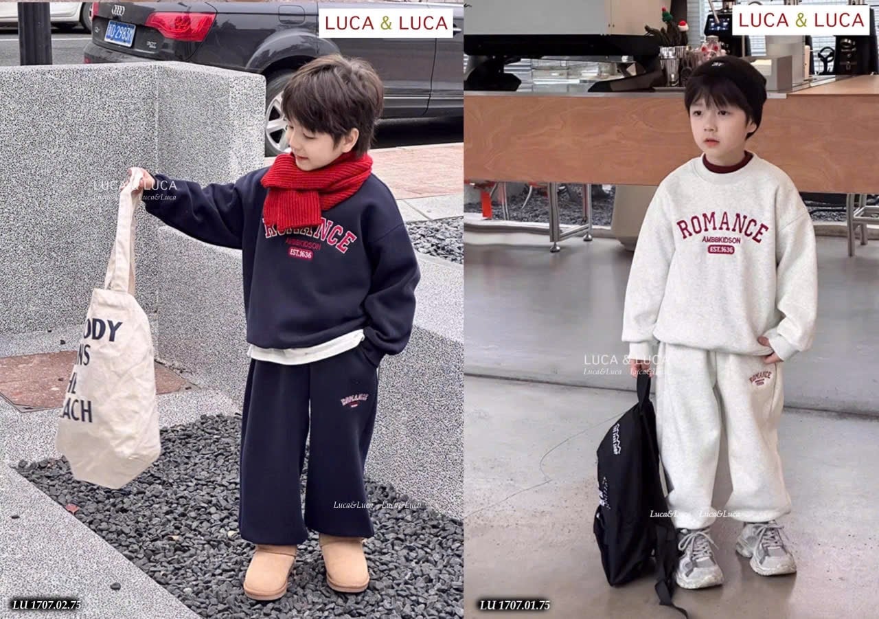 LU 1707 - Bộ nỉ hai da Luca in chữ Romance 2 màu cho bé size 2-12y