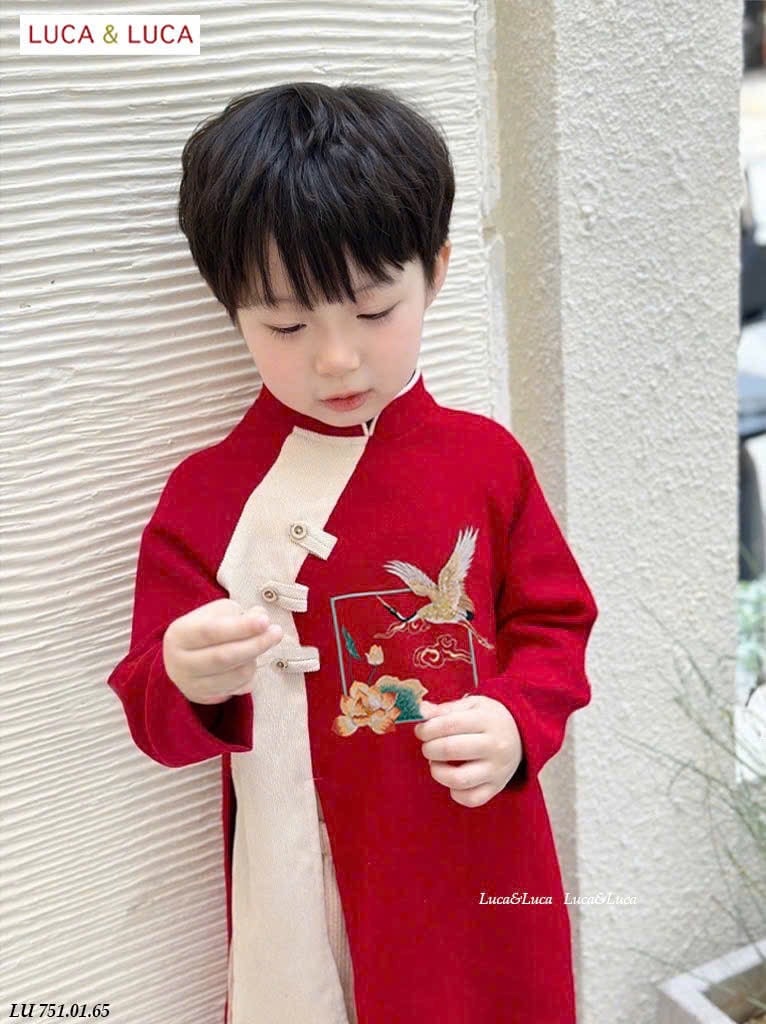 LU 751 - Set áo dài nhung tăm Luca bé trai hình sen hạc 2 màu đỏ / vàng size 2 - 12y