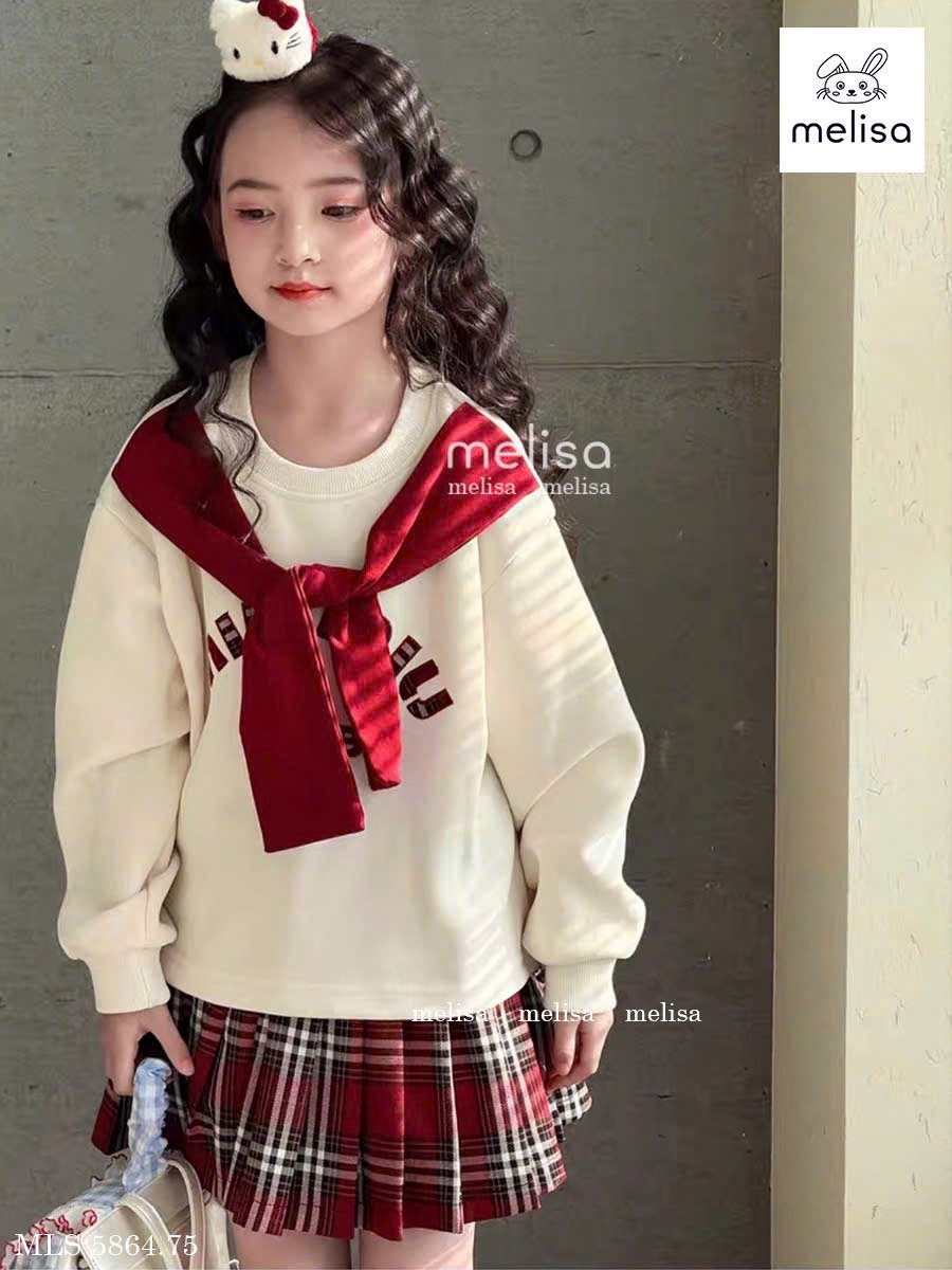 MLS 5864 - Bộ nỉ Melisa áo kem khăn đỏ + chân váy kẻ đỏ bé gái size 2-12y