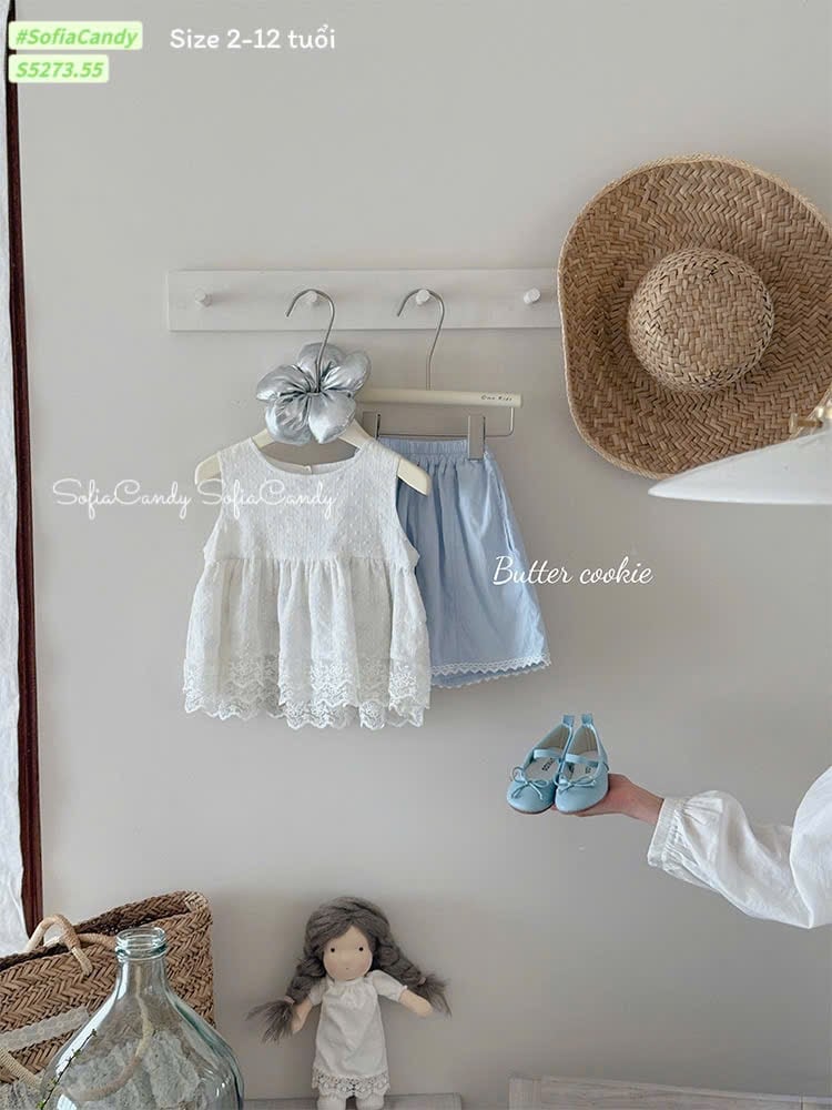 S5273 - Set bộ Sofia Candy áo trắng + quần xanh bé gái size 2-12y