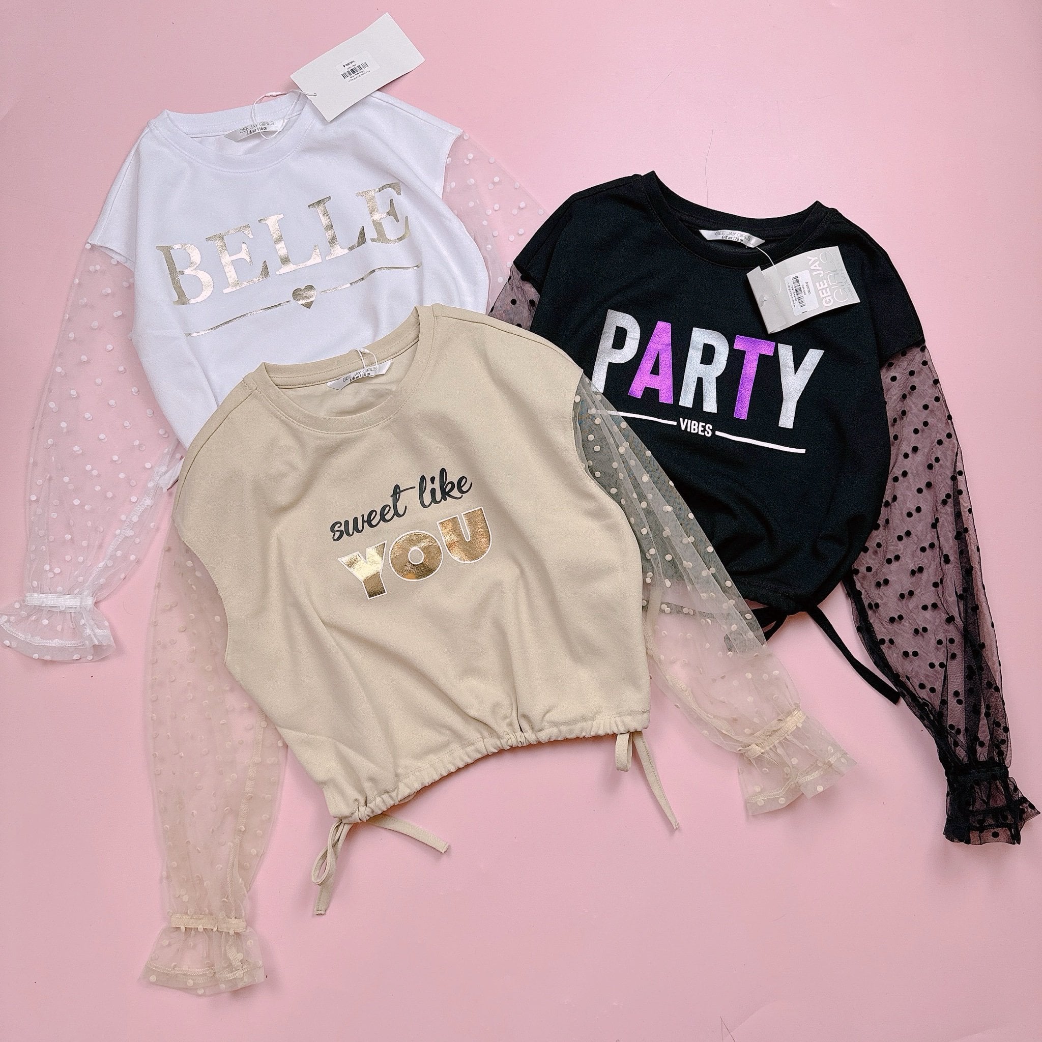 Áo croptop phối tay voan chấm bi 3 màu size 6 - 14y+