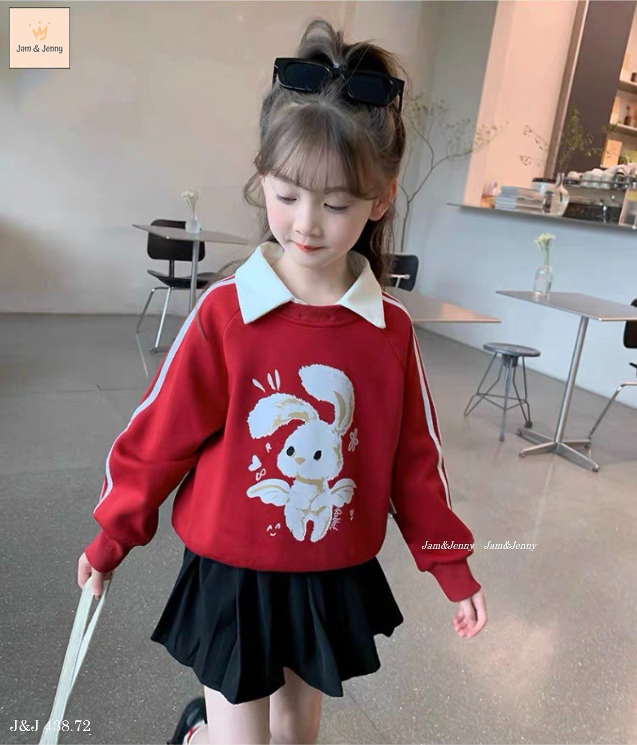 Set Jam&Jenny áo nỉ polo đỏ hình thỏ - chân váy xếp li liền quần đen size 2 - 12y