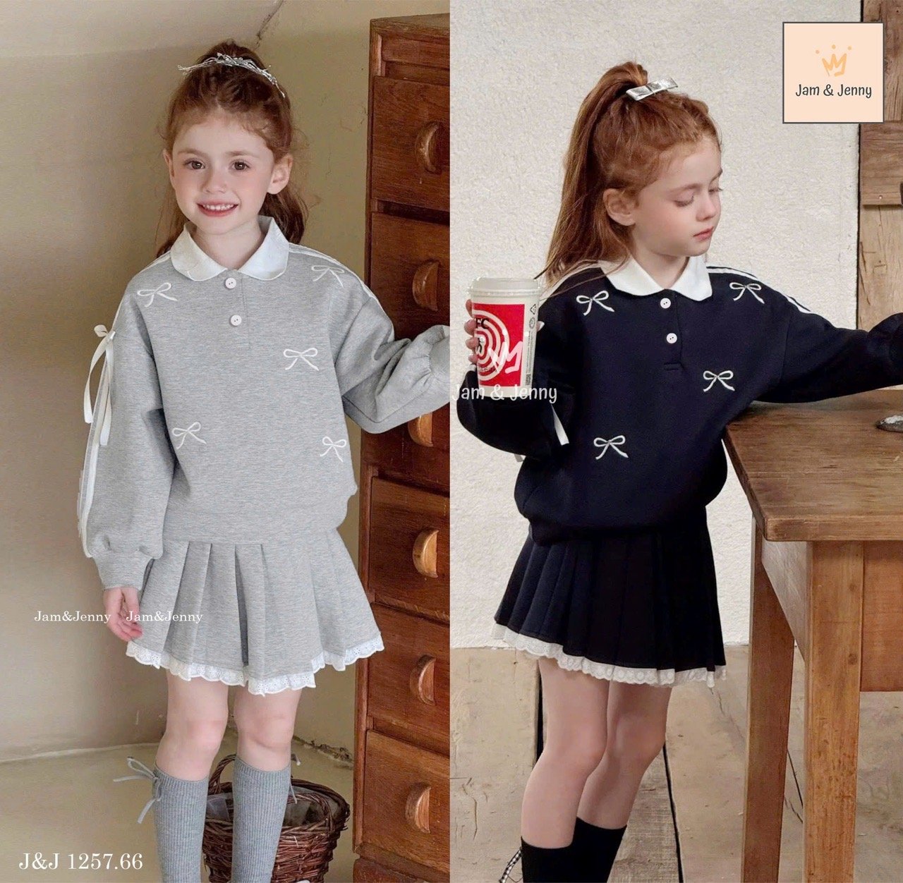 JJ 1257 - Set bộ nỉ da cá Jam & Jenny đính 1 bên nơ màu navy/ghi bé gái size 2-12y