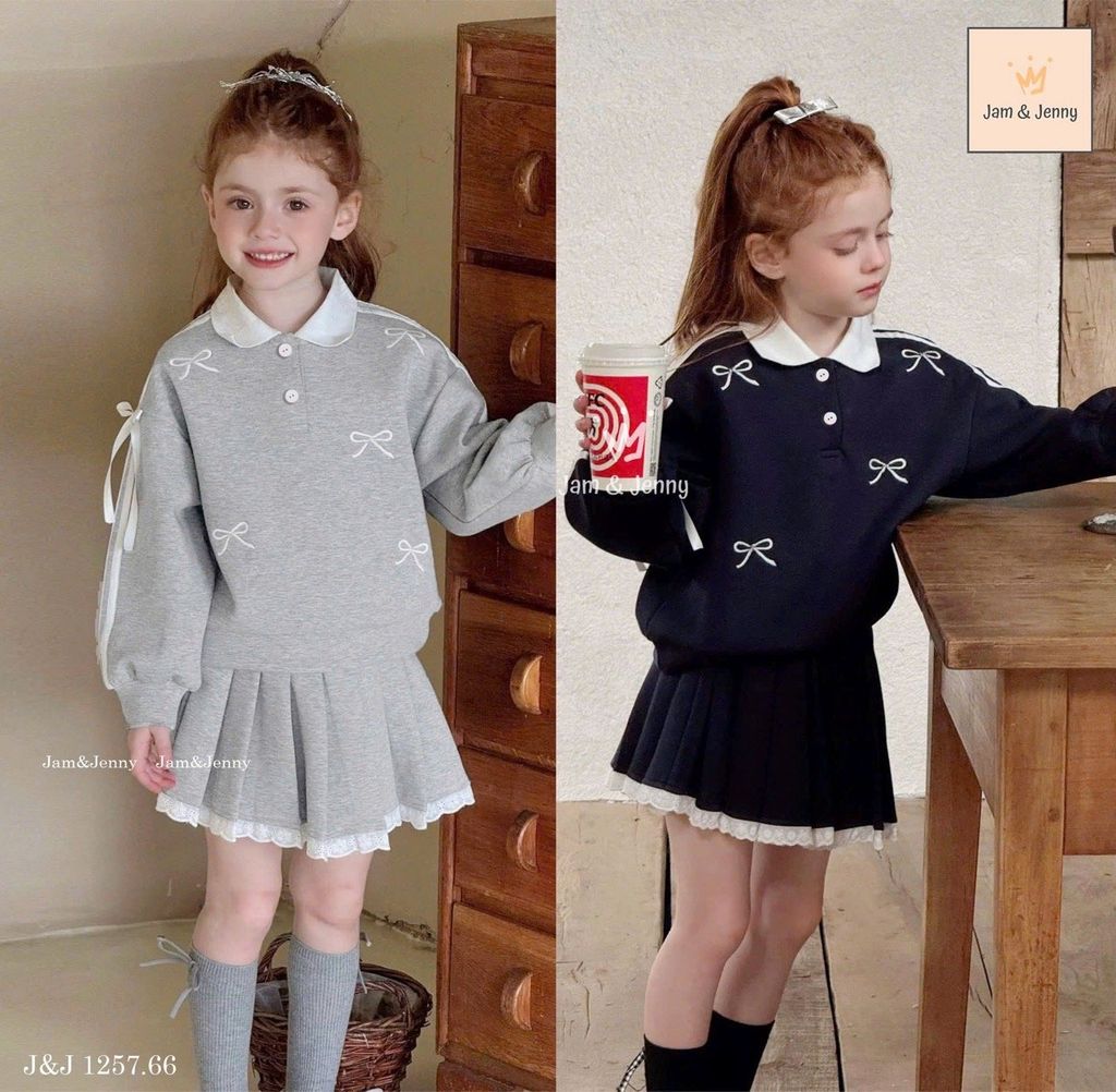 JJ 1257 - Set bộ nỉ da cá Jam & Jenny đính 1 bên nơ màu navy/ghi bé gái size 2-12y