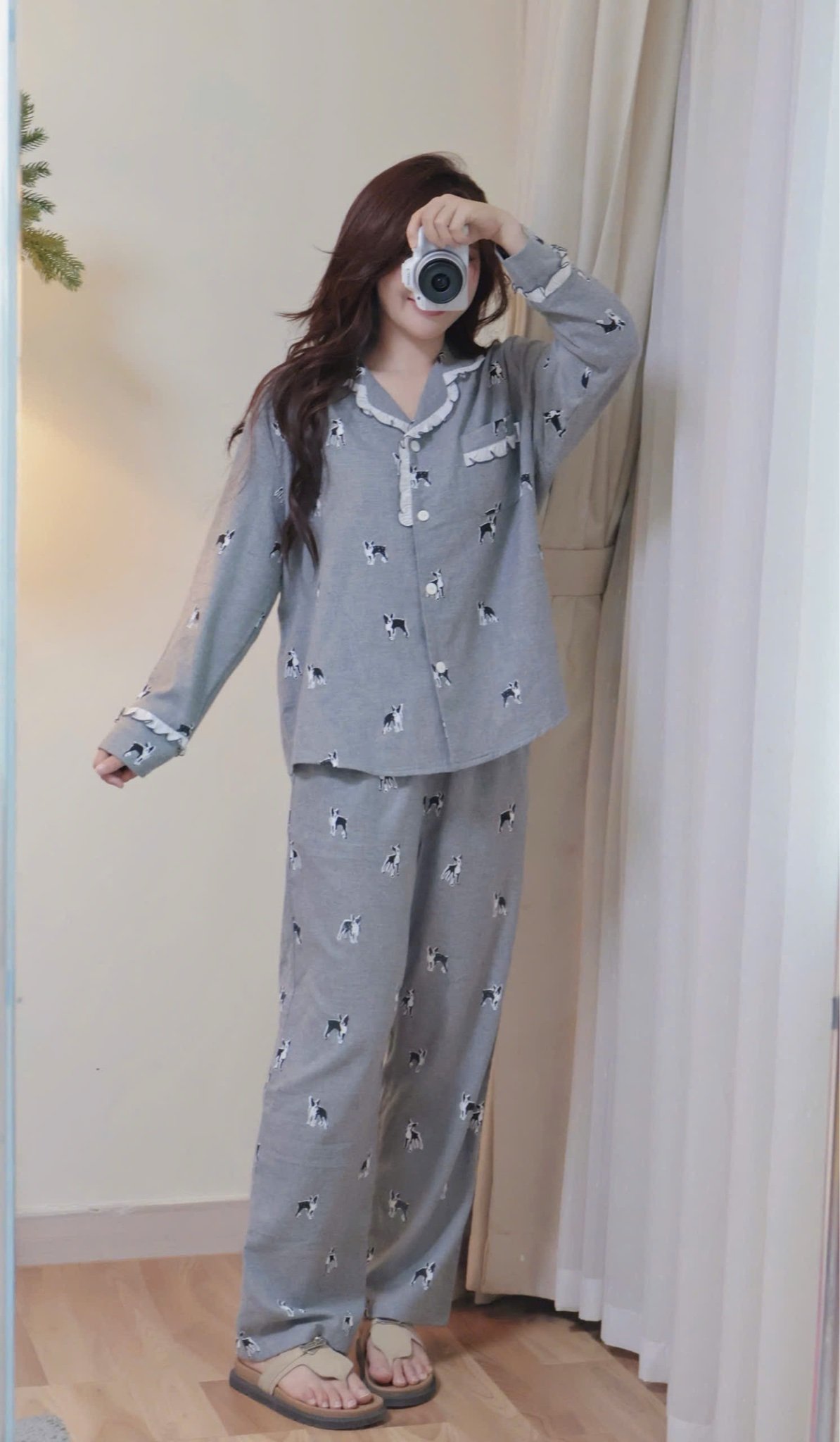 Bộ Pyjama Beemon vải cà bông mềm màu ghi hình cún cho Mẹ freesize 50-65kg