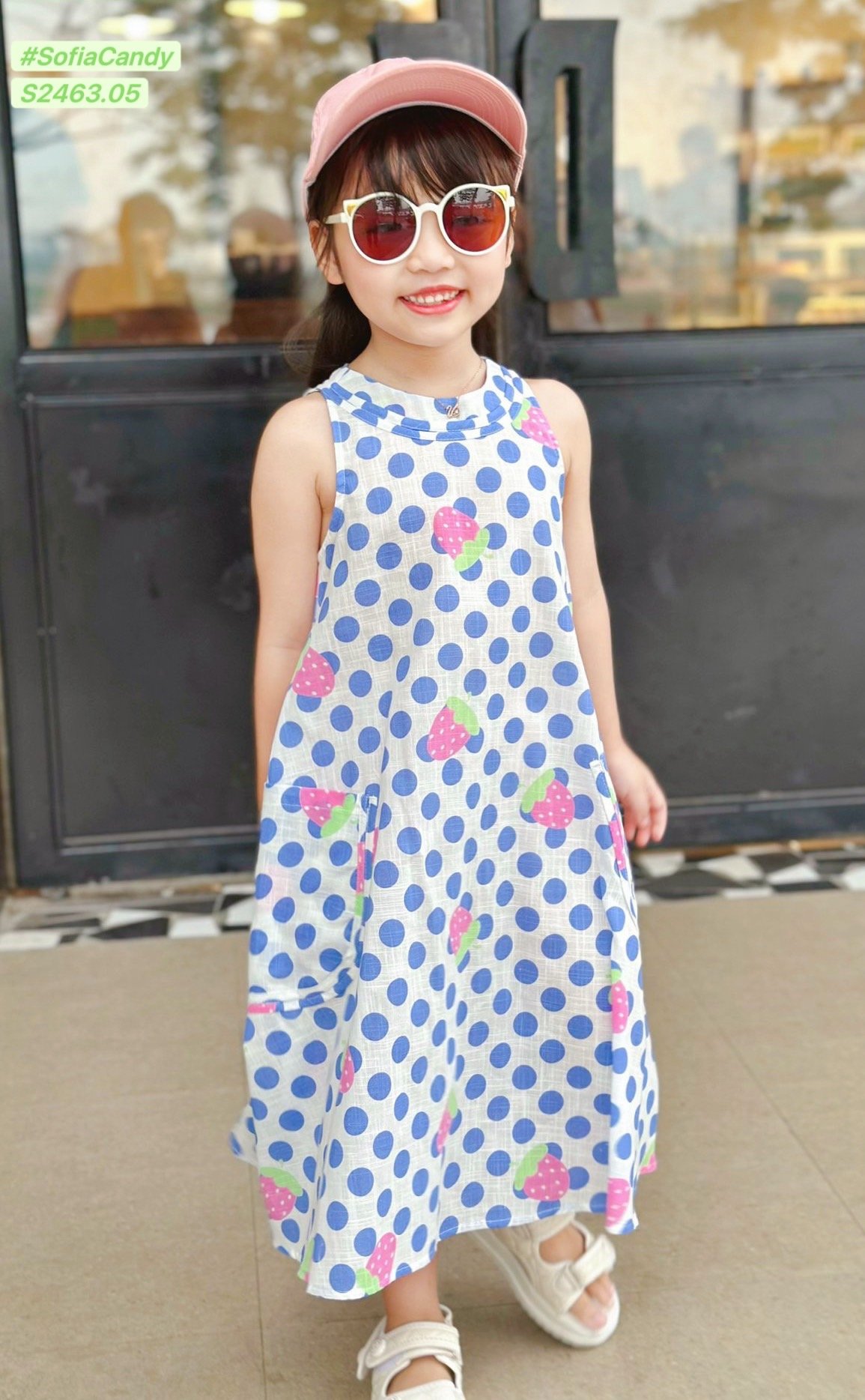 V00037 - Váy Sofia Candy thô đũi sát nách trắng chấm bi xanh dâu tây size 1 - 10y