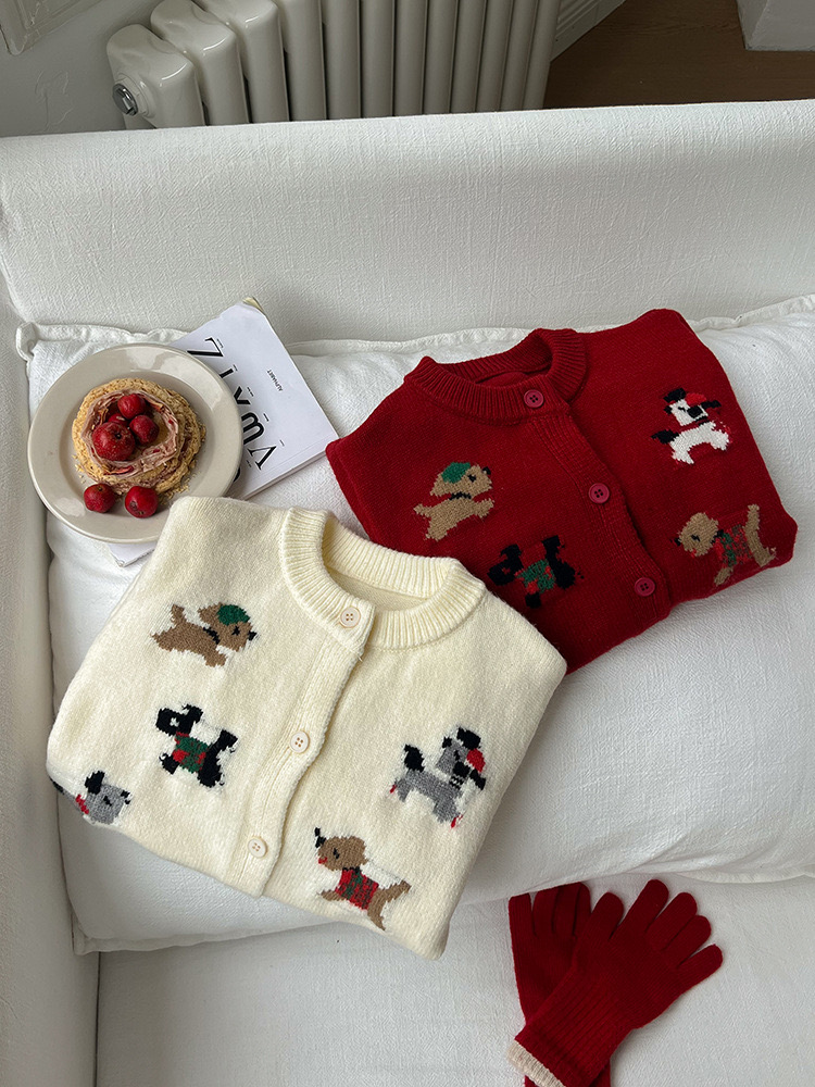 Cardigan len AMBB hoạ tiết cún 2 màu đỏ/kem bé gái size 90-160